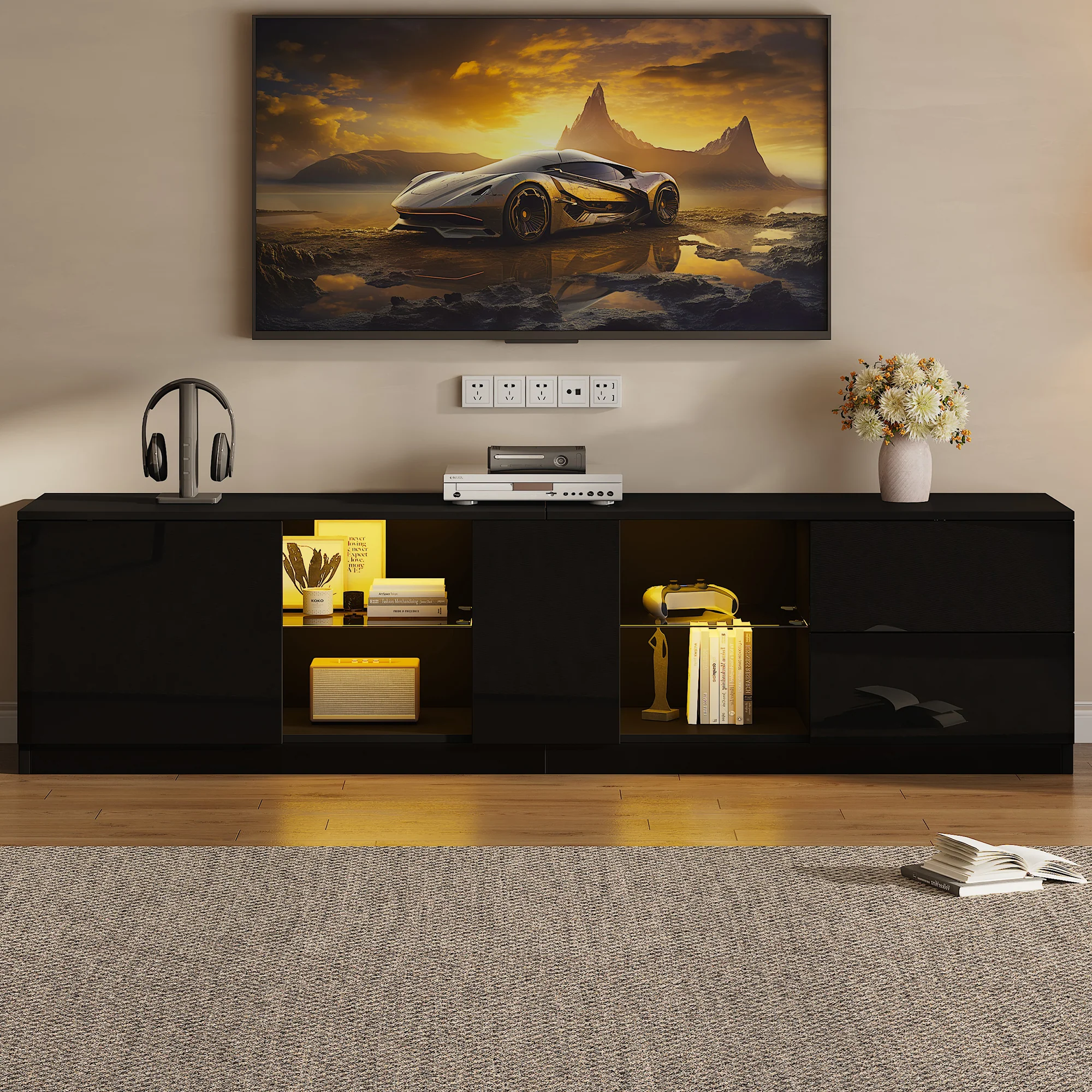 Lowboard TV Stand High-Gloss with LED Lighting 160cm for 65" TV Black - Image 6