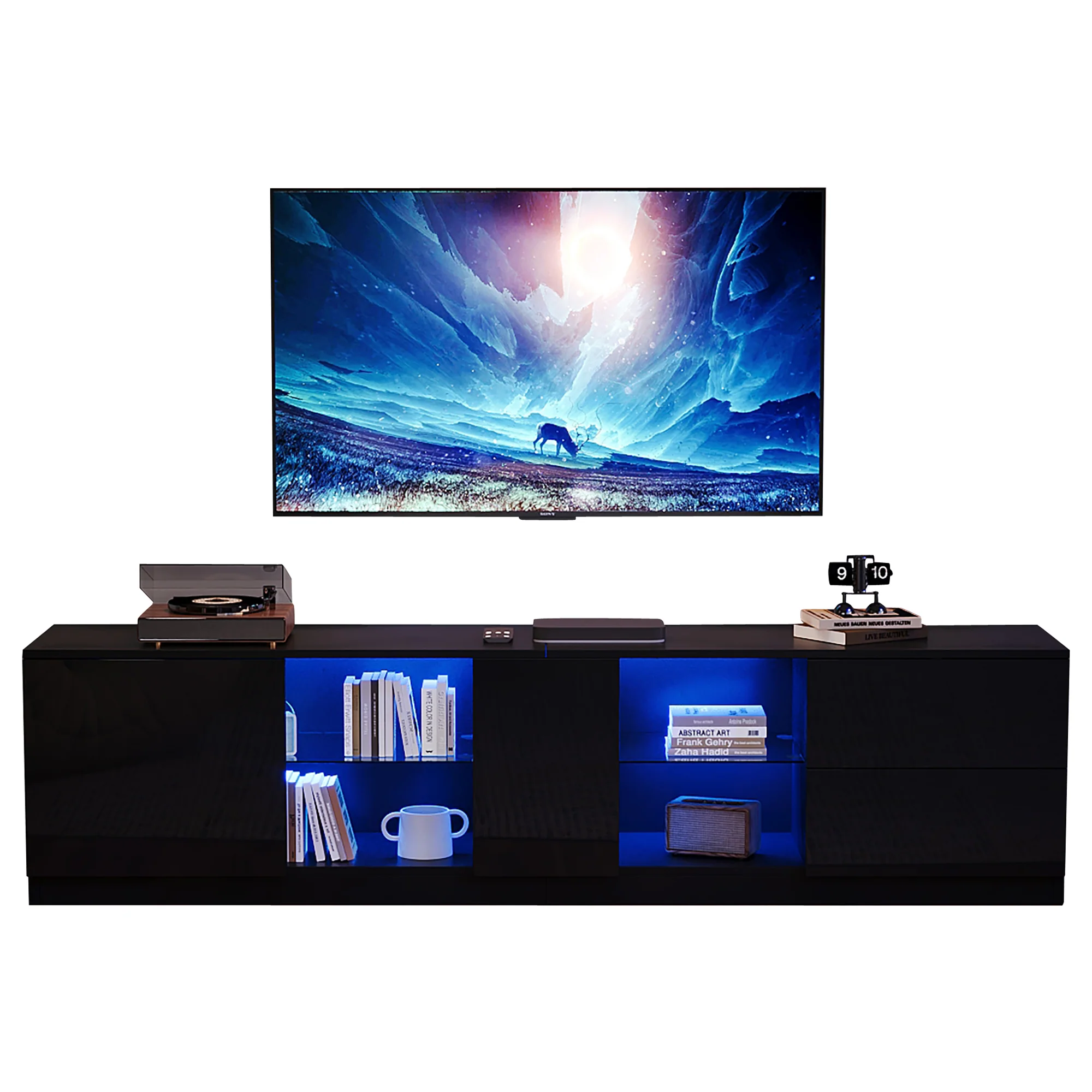 Lowboard TV Stand High-Gloss with LED Lighting 160cm for 65" TV Black - Image 7