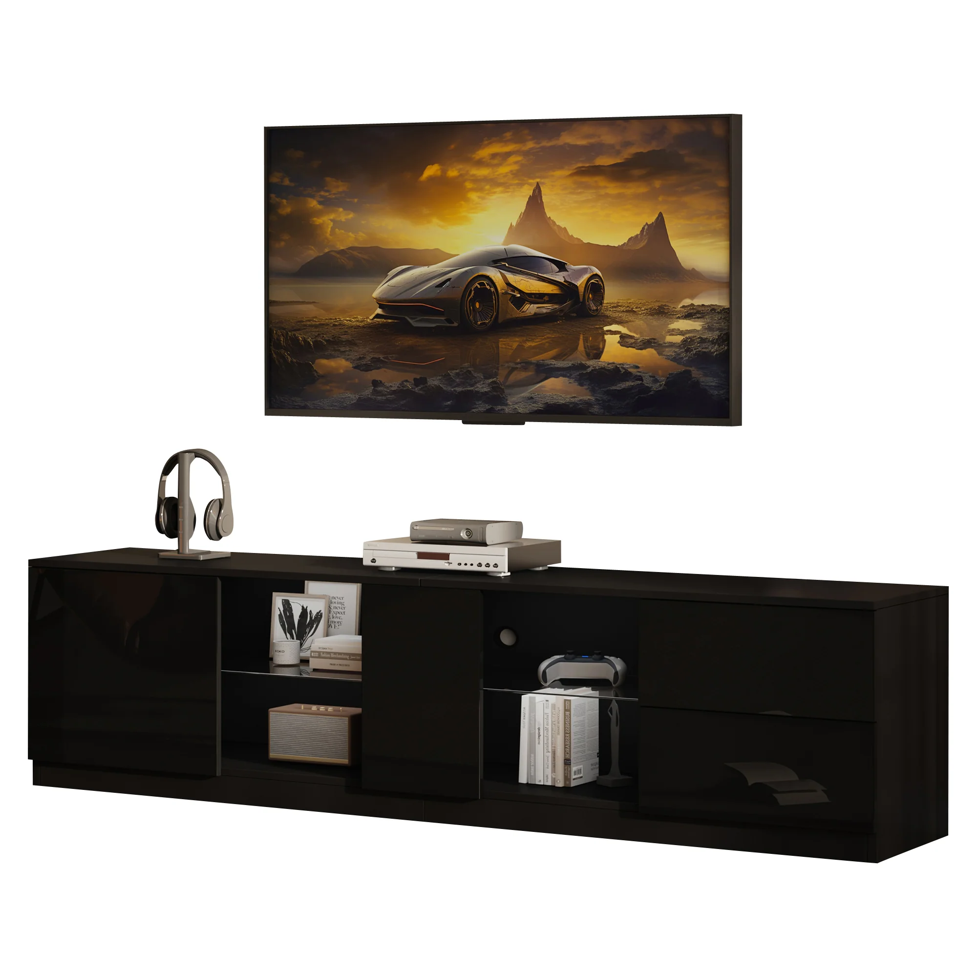Lowboard TV Stand High-Gloss with LED Lighting 160cm for 65" TV Black - Image 9