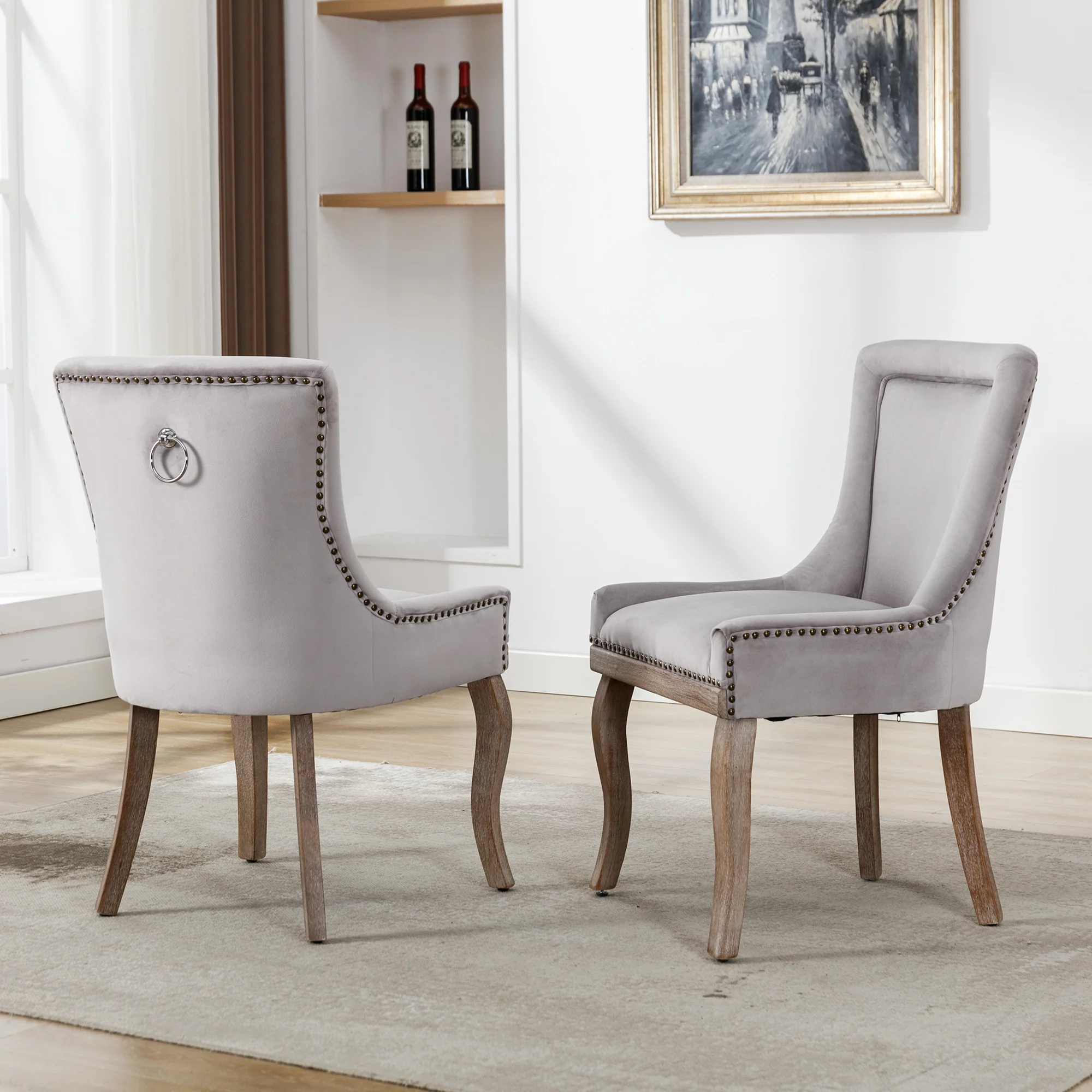 Luxurious Dining Chair Set of 2 Nailhead Trim Solid Wood Legs Grey Velvet - Image 4