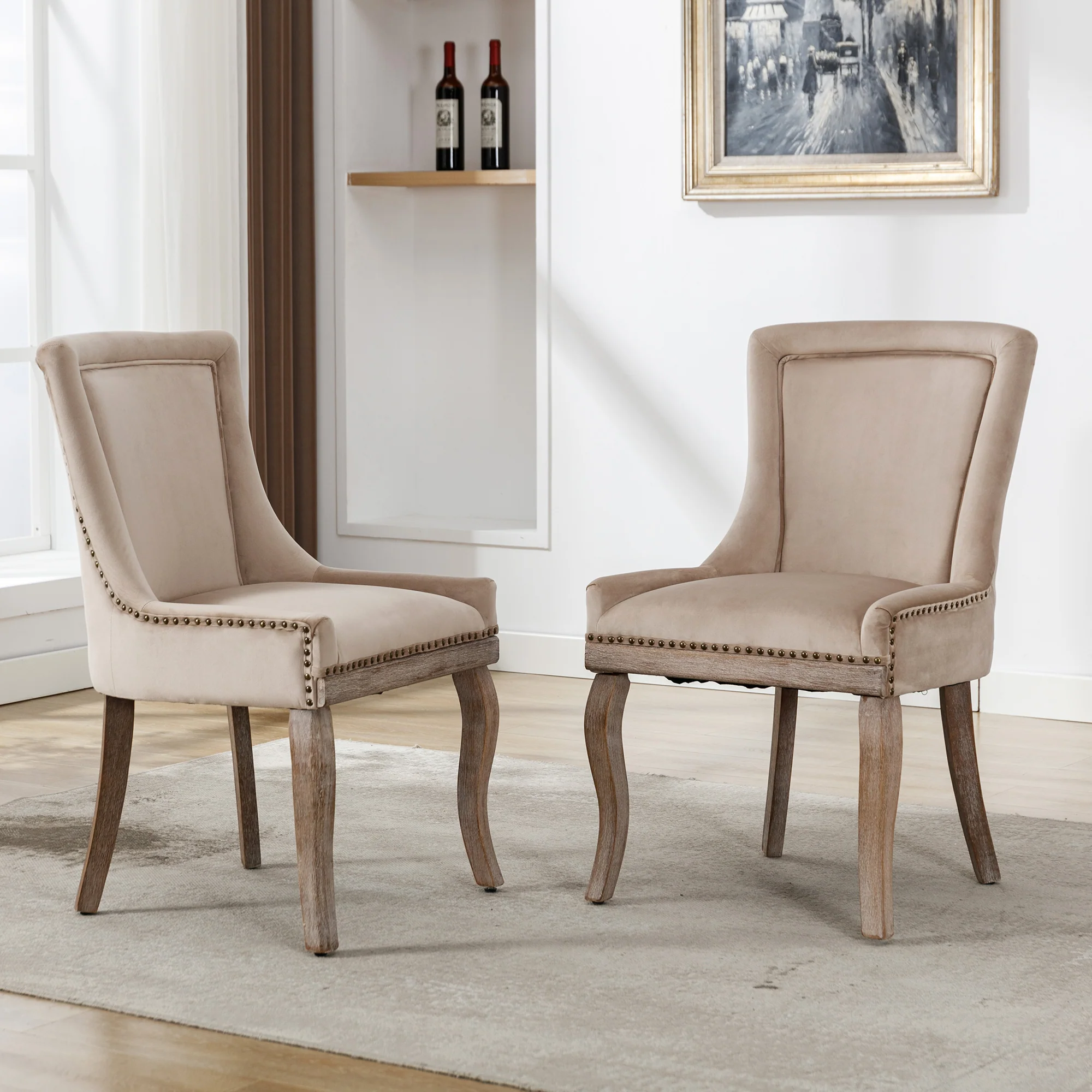 Luxurious Dining Chair Set of 2 Upholstered Nailhead Trim Solid Wood Legs Beige Velvet - Image 2