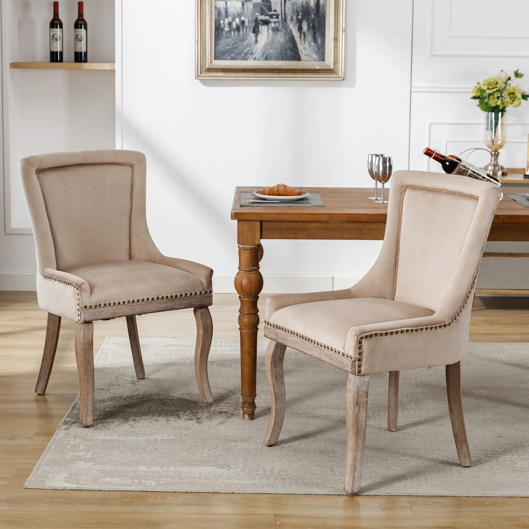 Luxurious Dining Chair Set of 2 Upholstered Nailhead Trim Solid Wood Legs Beige Velvet - Image 3