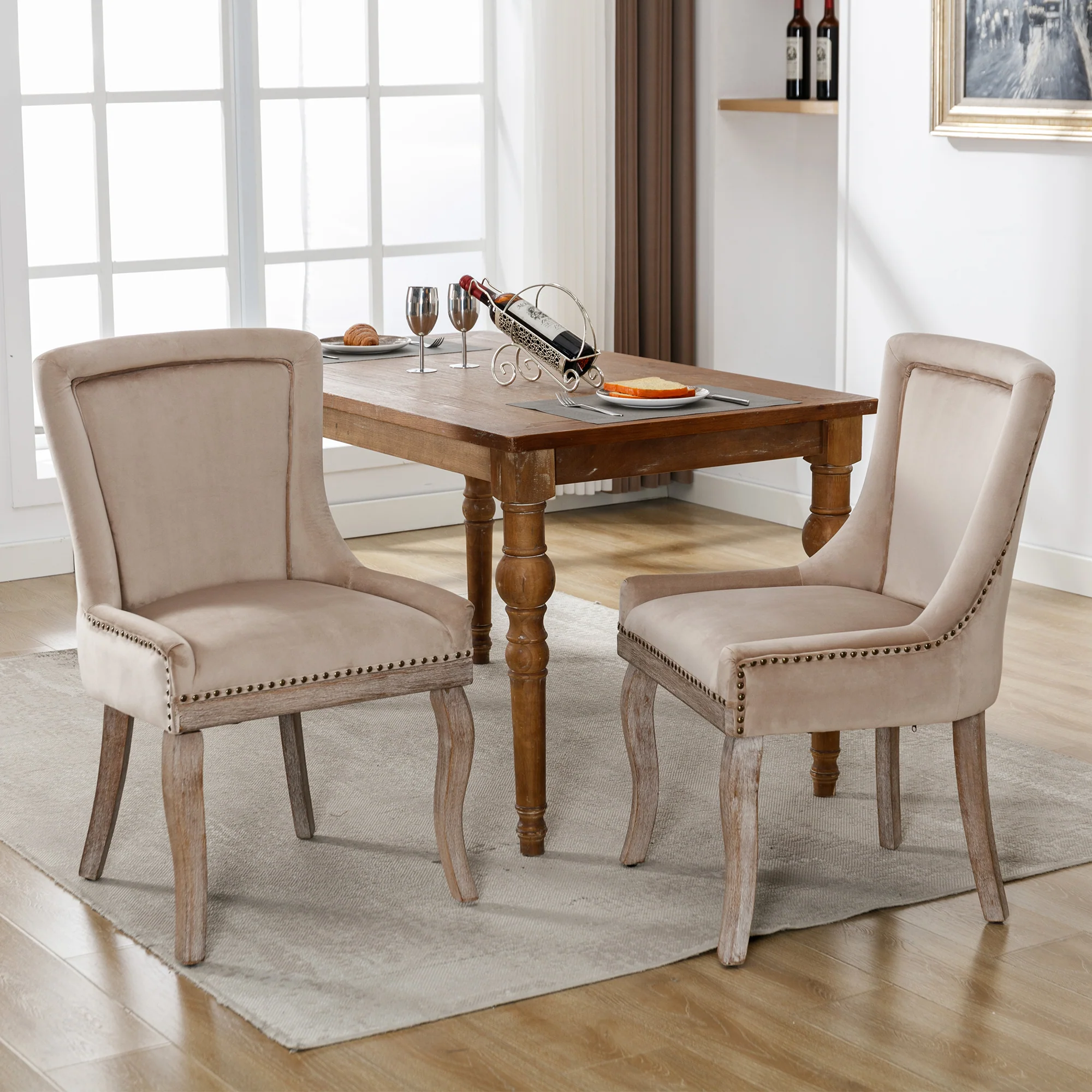 Luxurious Dining Chair Set of 2 Upholstered Nailhead Trim Solid Wood Legs Beige Velvet - Image 4