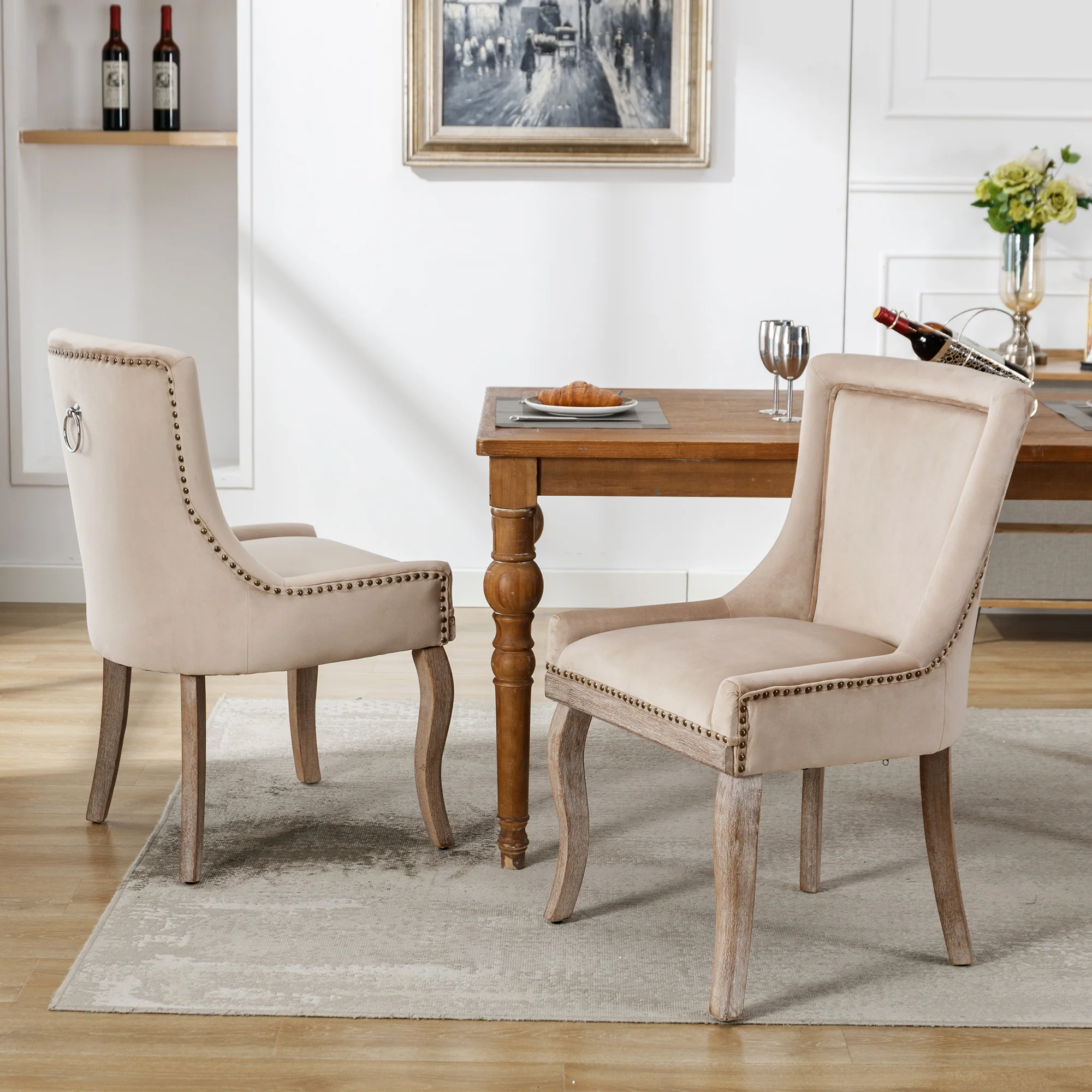 Luxurious Dining Chair Set of 2 Upholstered Nailhead Trim Solid Wood Legs Beige Velvet - Image 5