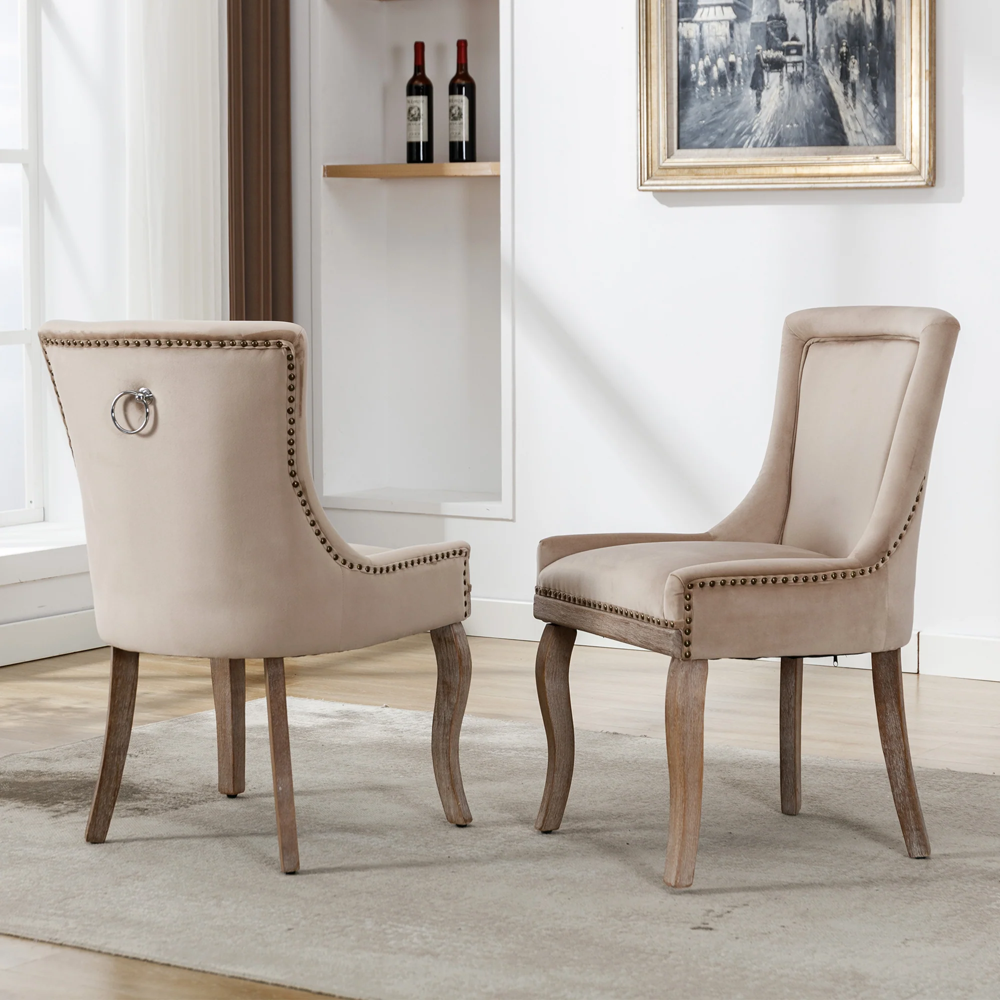 Luxurious Dining Chair Set of 2 Upholstered Nailhead Trim Solid Wood Legs Beige Velvet - Image 6