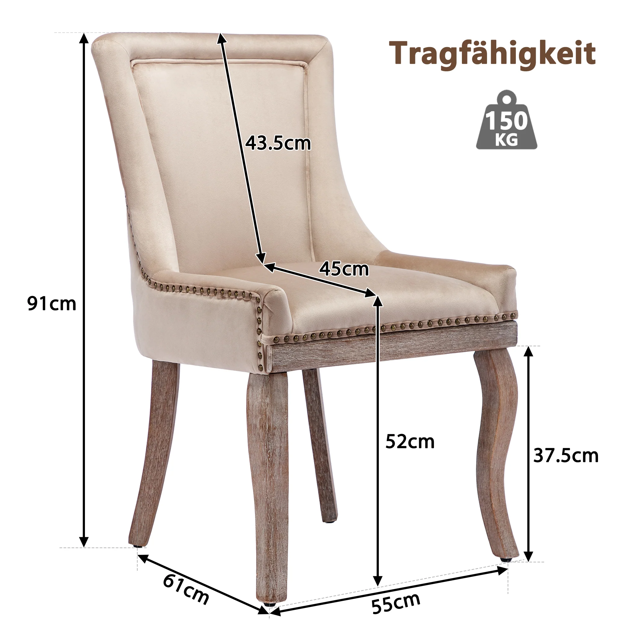 Luxurious Dining Chair Set of 2 Upholstered Nailhead Trim Solid Wood Legs Beige Velvet - Image 7