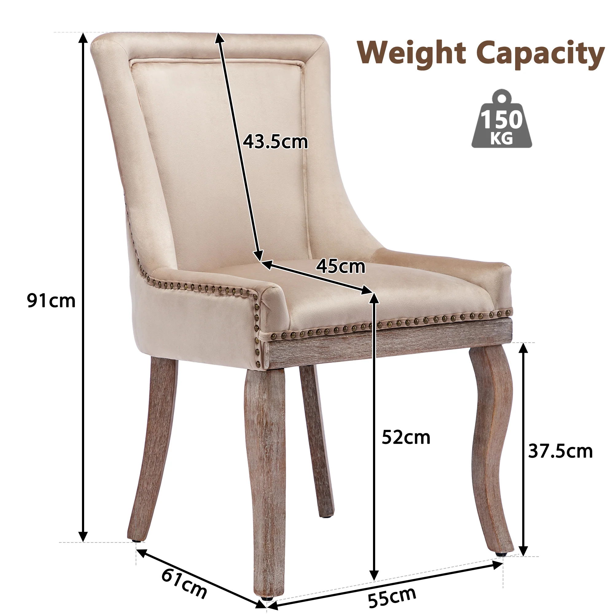 Luxurious Dining Chair Set of 2 Upholstered Nailhead Trim Solid Wood Legs Beige Velvet - Image 8