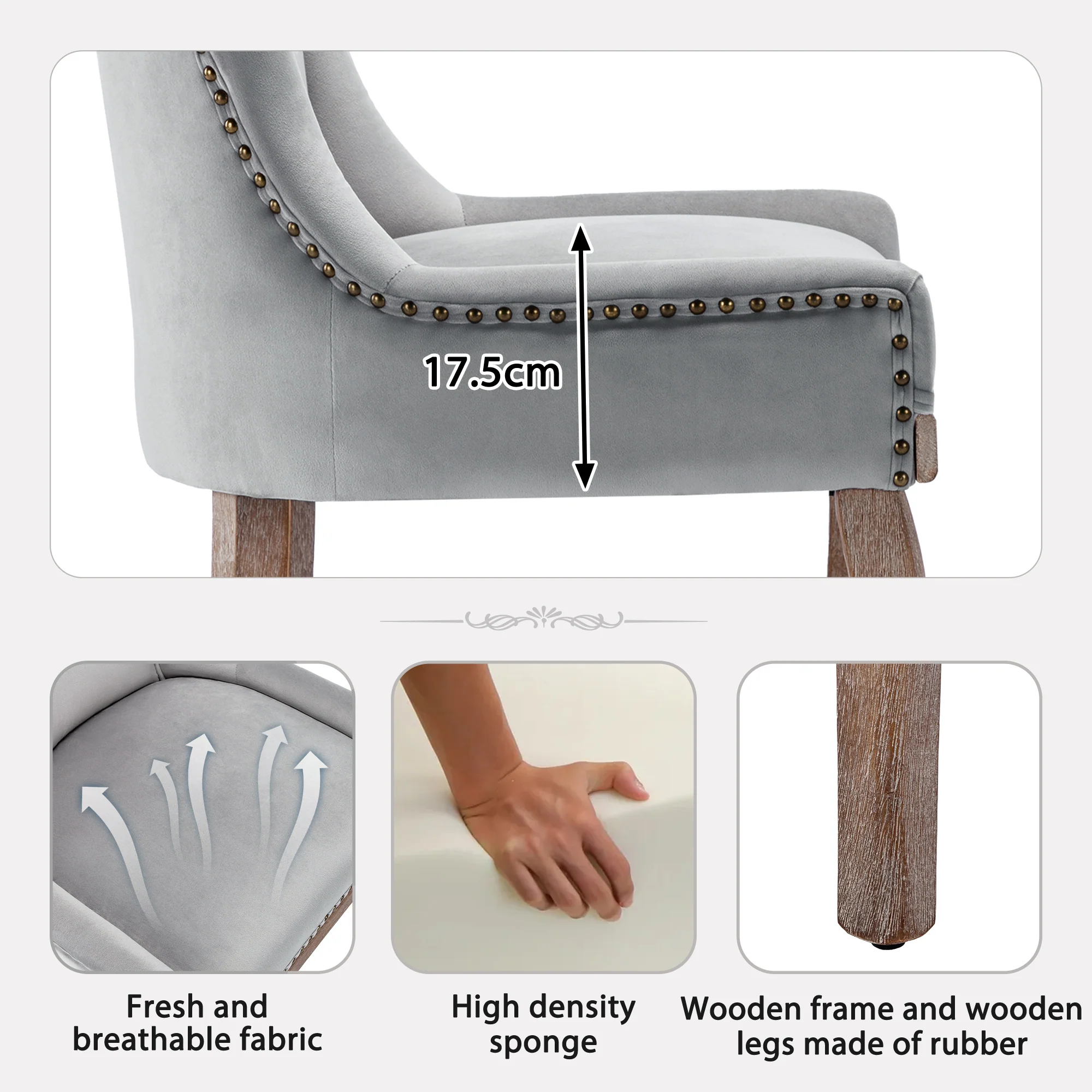 Luxurious Dining Chair Set of 4 Upholstered Nailhead Trim Solid Wood Legs Grey Velvet - Image 10