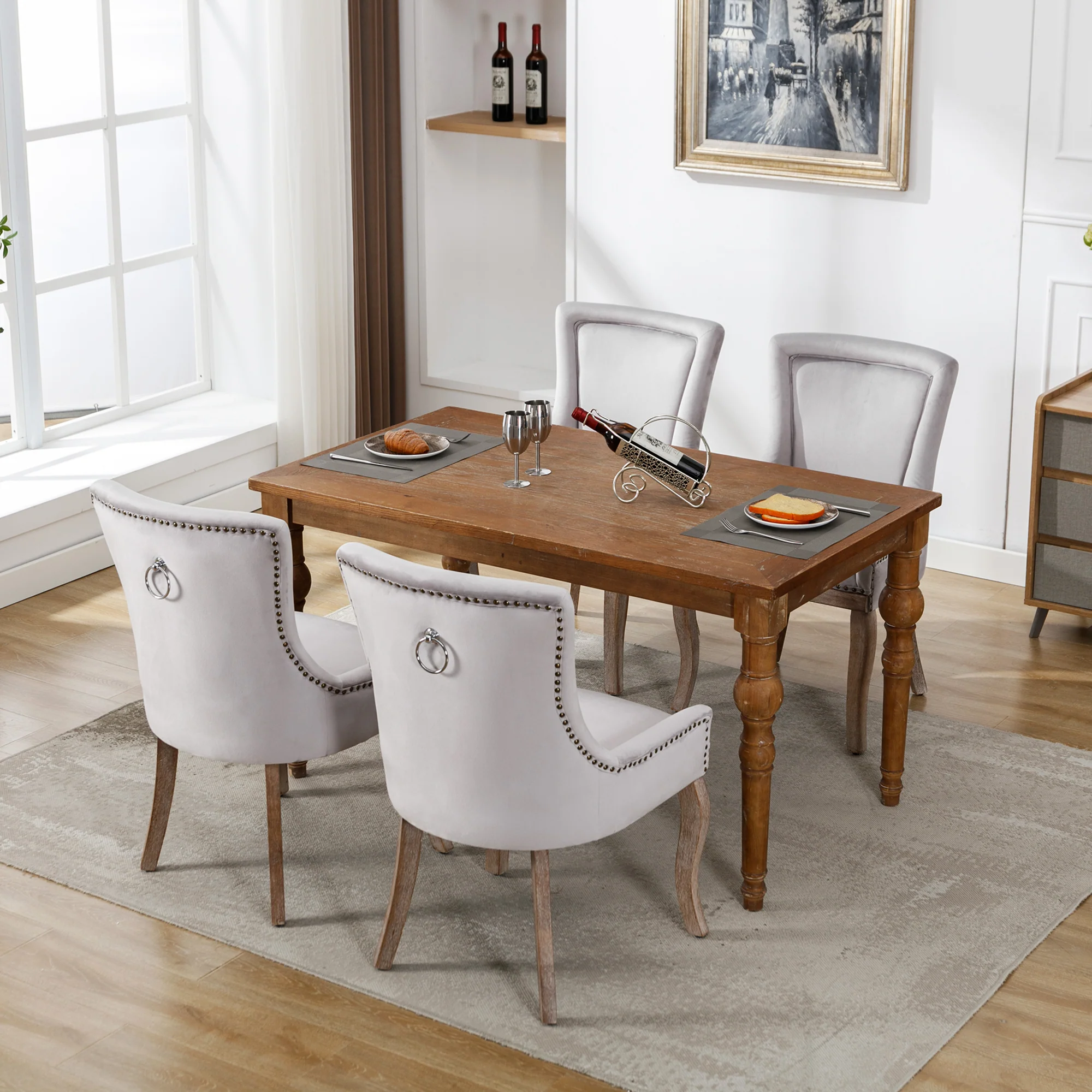 Luxurious Dining Chair Set of 4 Upholstered Nailhead Trim Solid Wood Legs Grey Velvet - Image 6