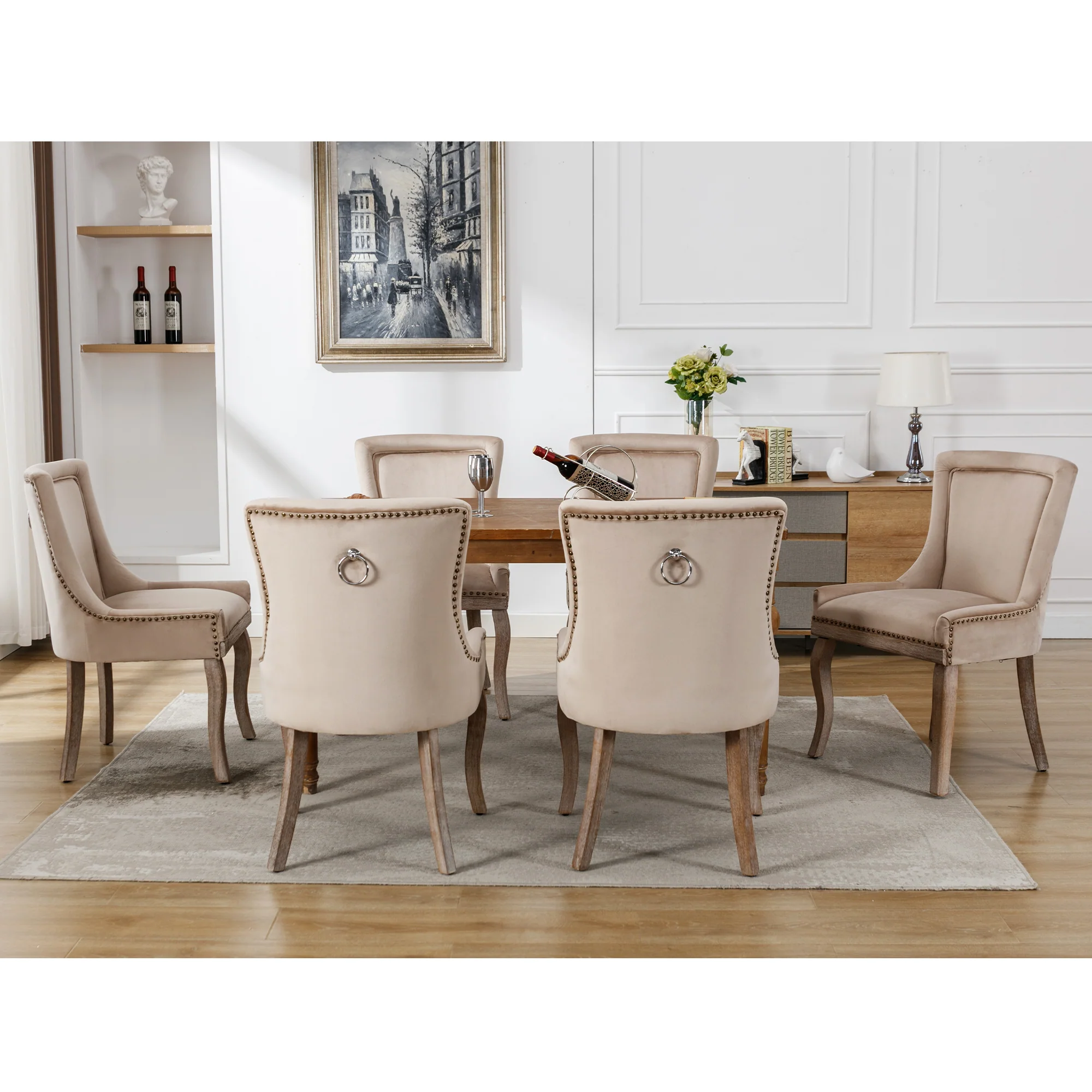 Luxurious Dining Chair Set of 6 Upholstered Nailhead Trim Solid Wood Legs Beige Velvet - Image 3