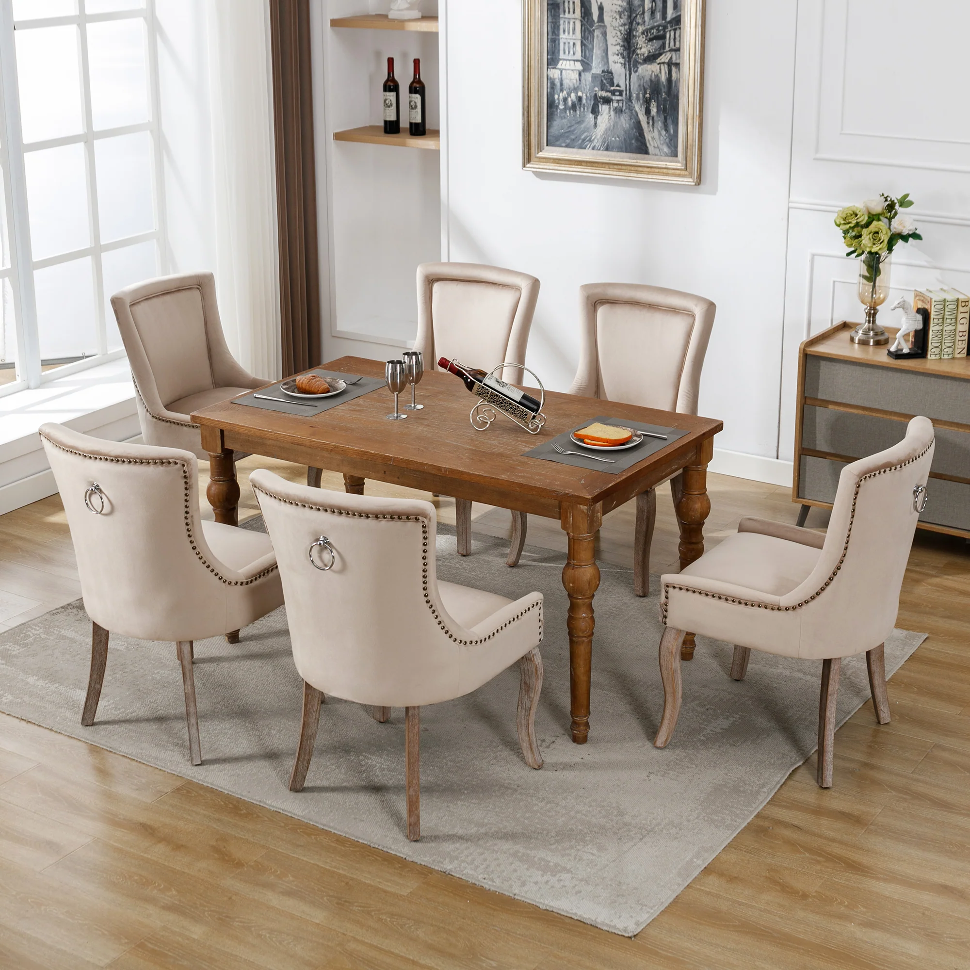 Luxurious Dining Chair Set of 6 Upholstered Nailhead Trim Solid Wood Legs Beige Velvet - Image 4