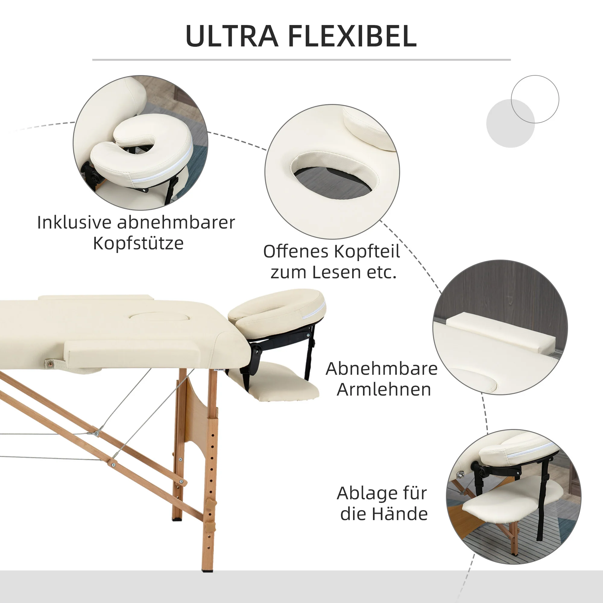 Massage Table, Foldable Height-Adjustable with Headrest, Artificial Leather Wood Cream - Image 5