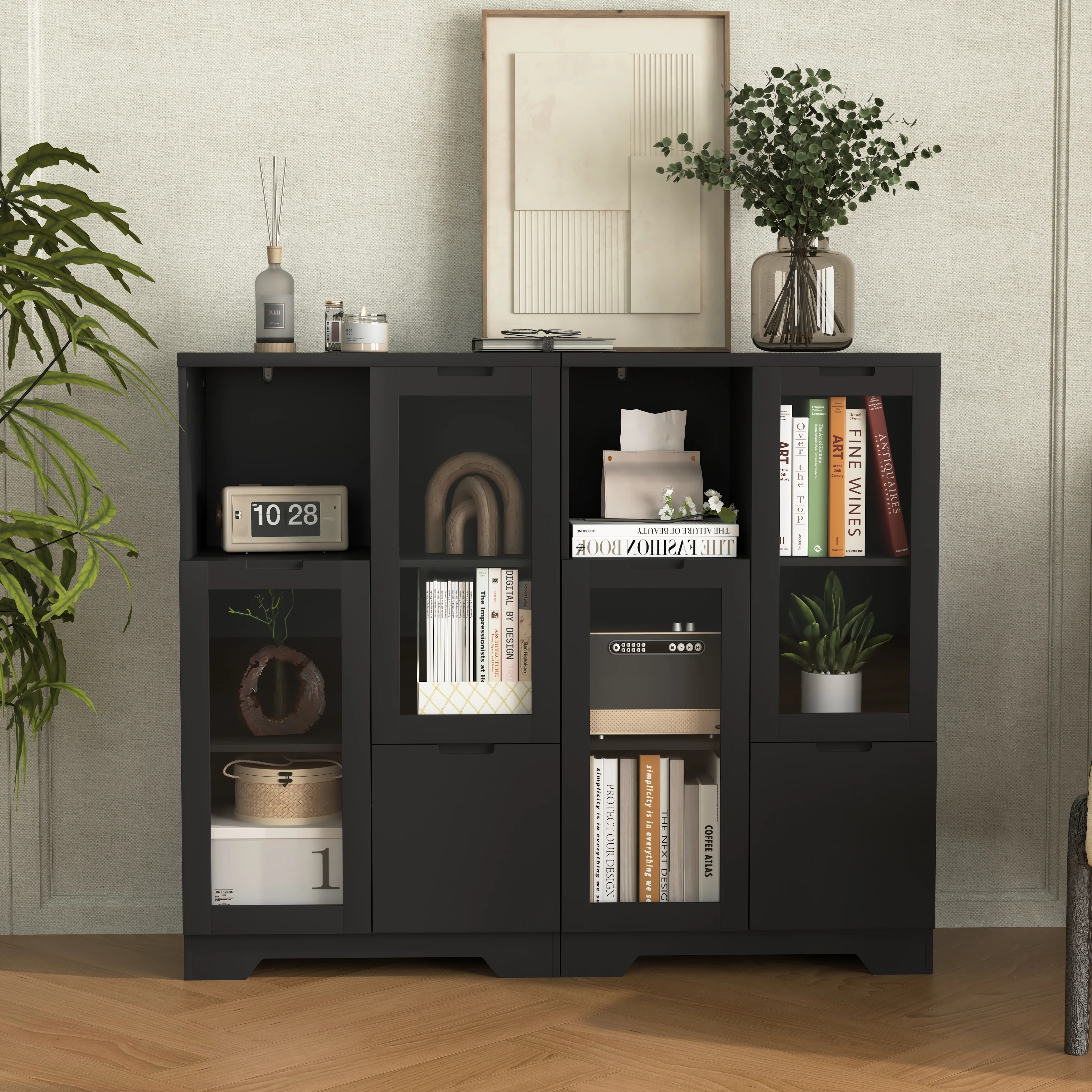 MDF Cabinet Glass Doors Drawer Open Storage - Black - Image 10