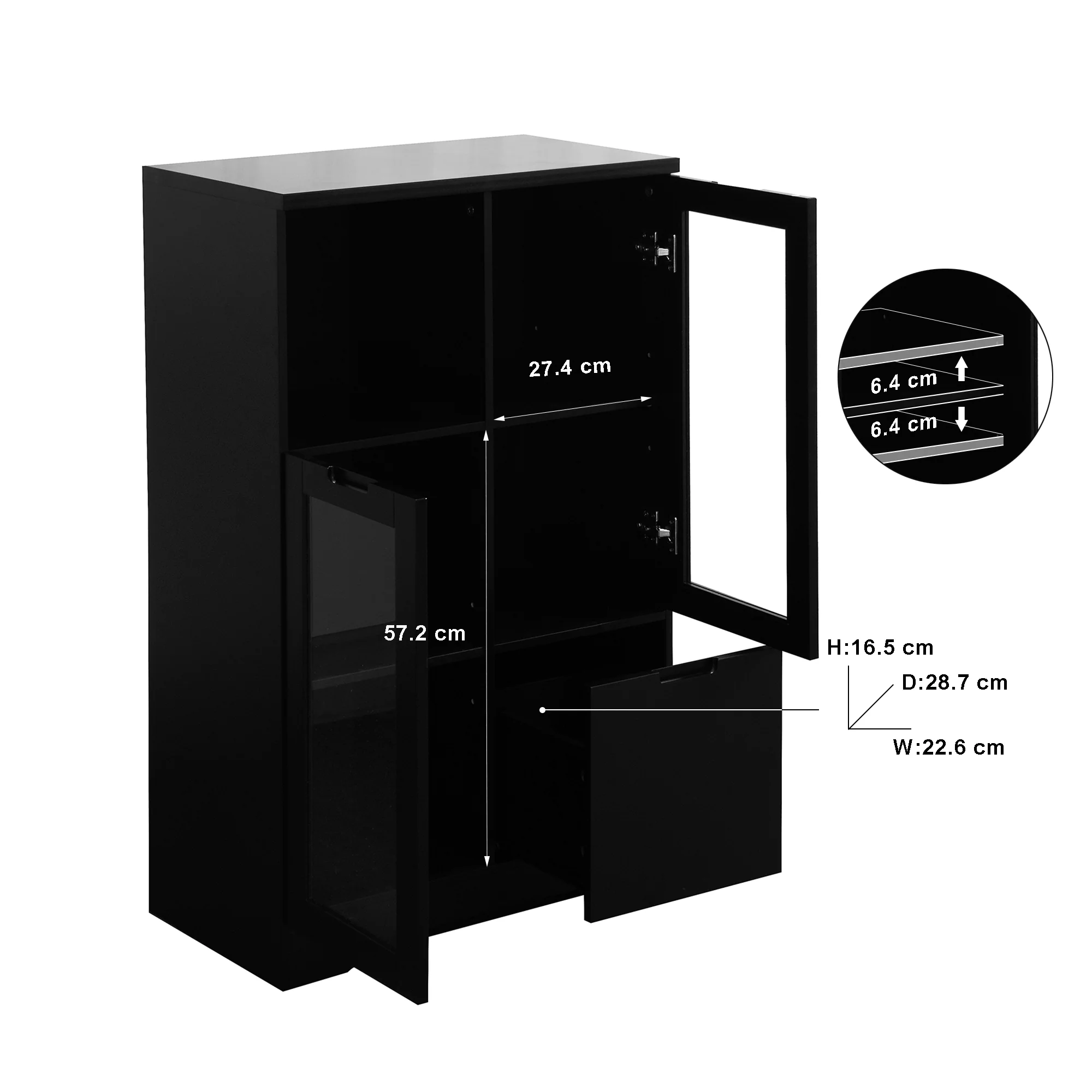 MDF Cabinet Glass Doors Drawer Open Storage - Black - Image 2