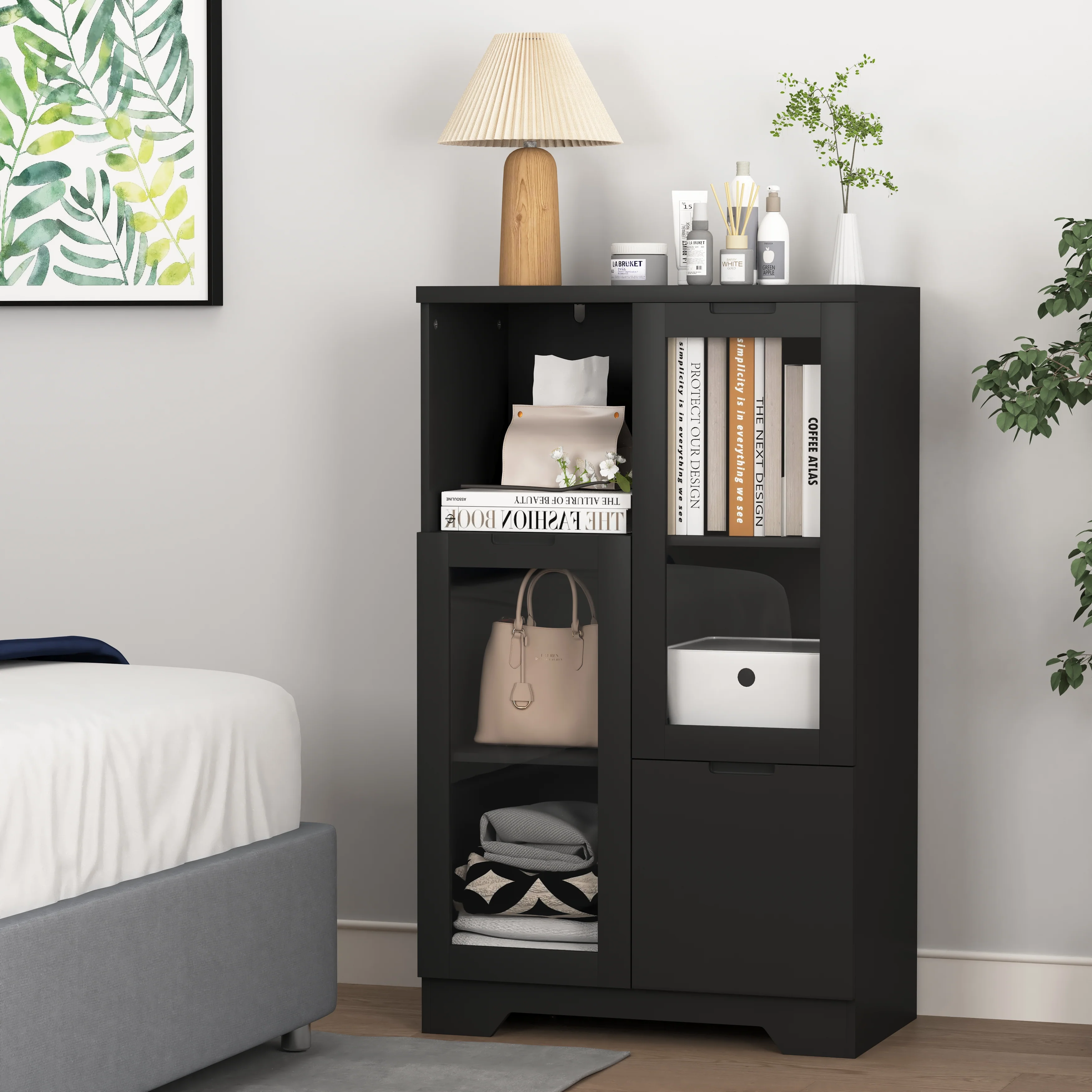 MDF Cabinet Glass Doors Drawer Open Storage - Black - Image 4