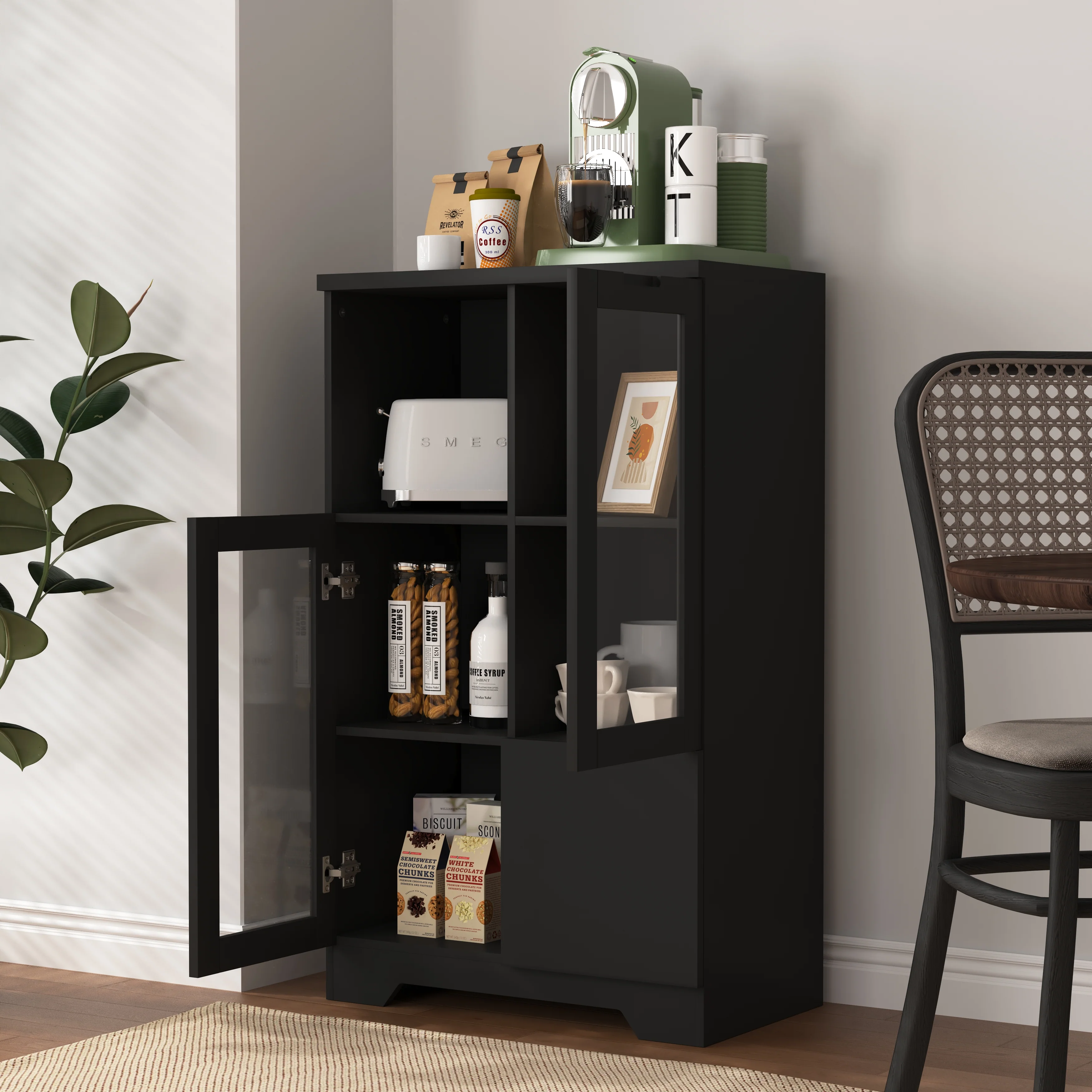 MDF Cabinet Glass Doors Drawer Open Storage - Black - Image 8
