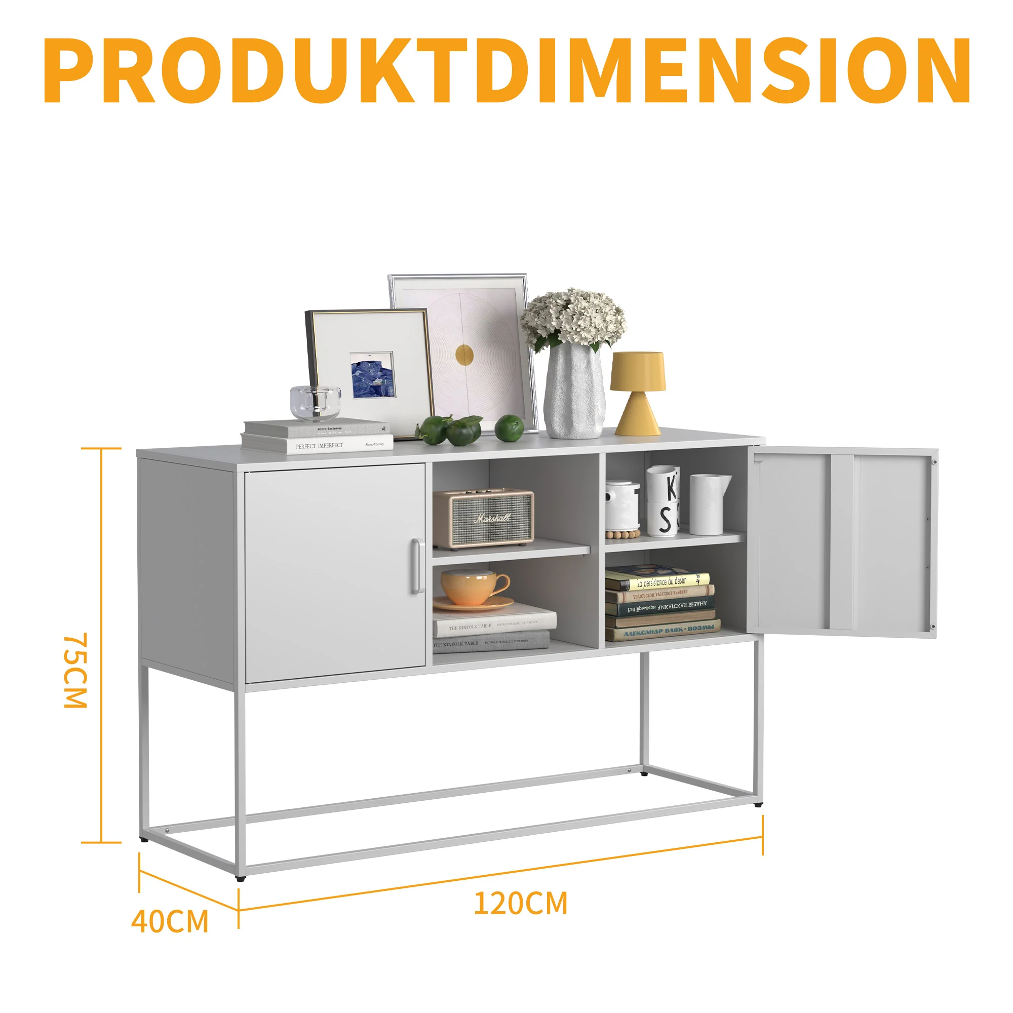 Metal Accent Cabinet Sideboard Buffet Storage 120x40x75cm - White - Image 2