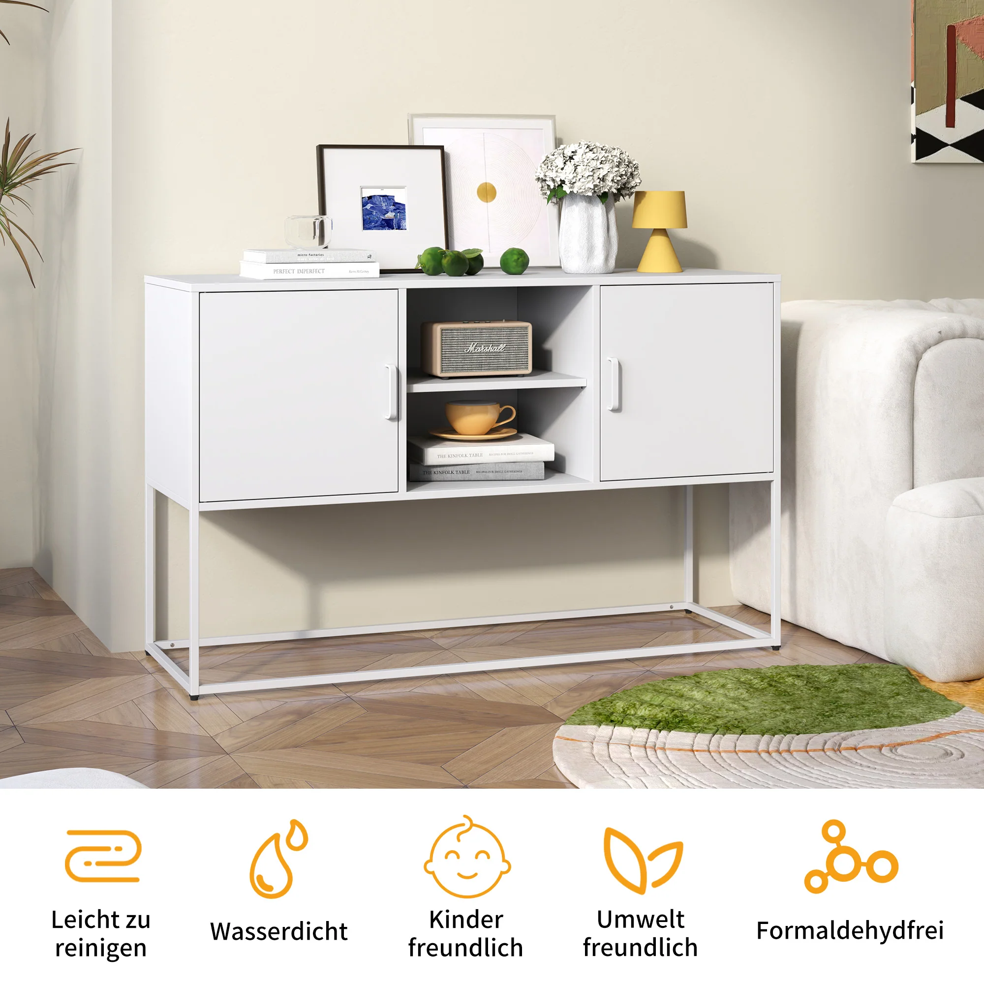 Metal Accent Cabinet Sideboard Buffet Storage 120x40x75cm - White - Image 4