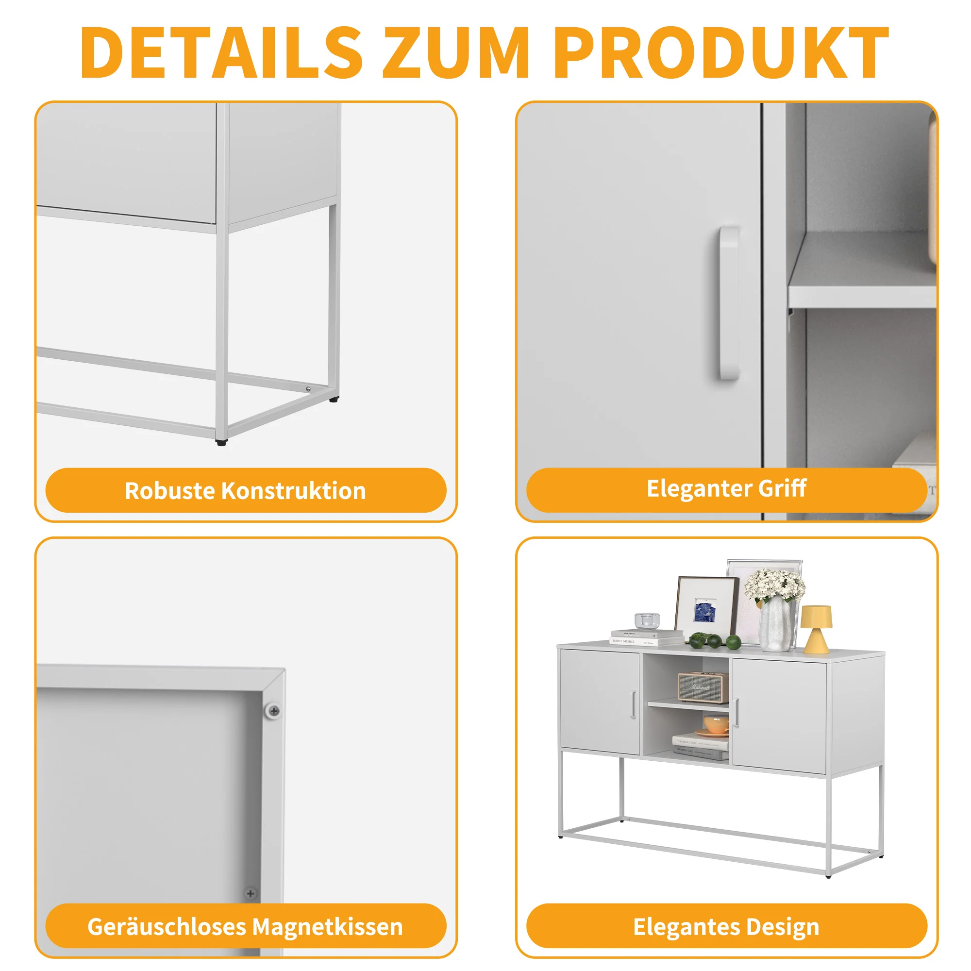 Metal Accent Cabinet Sideboard Buffet Storage 120x40x75cm - White - Image 6