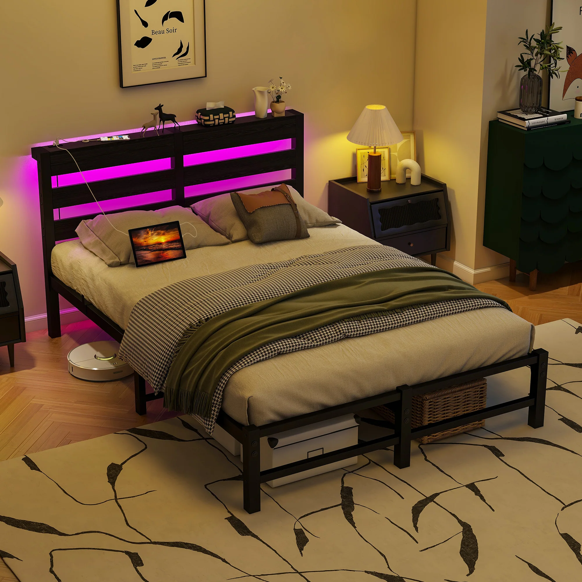 Metal Bed 120x200 LED USB Charging Under-Bed Storage - Metal - Image 2