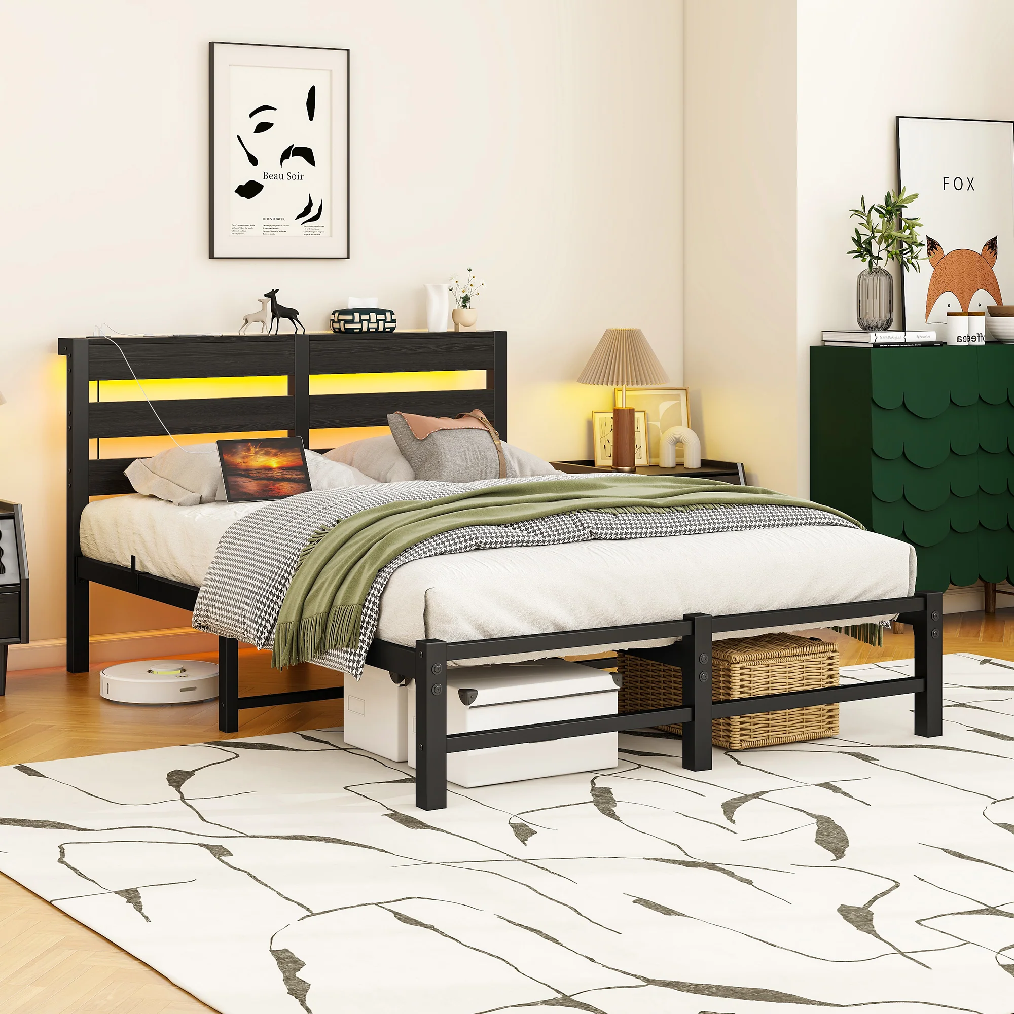 Metal Bed 120x200 LED USB Charging Under-Bed Storage - Metal - Image 3