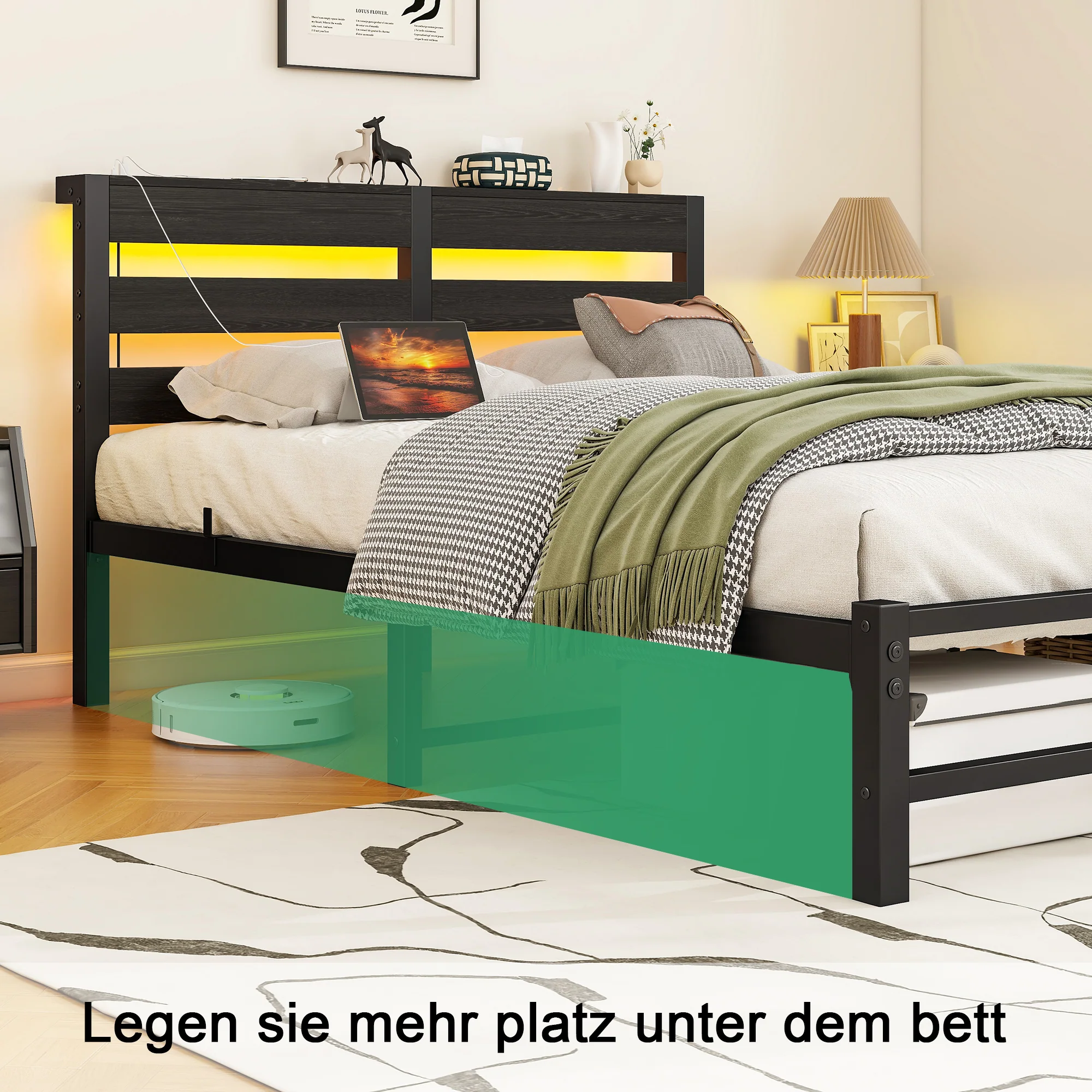Metal Bed 120x200 LED USB Charging Under-Bed Storage - Metal - Image 4