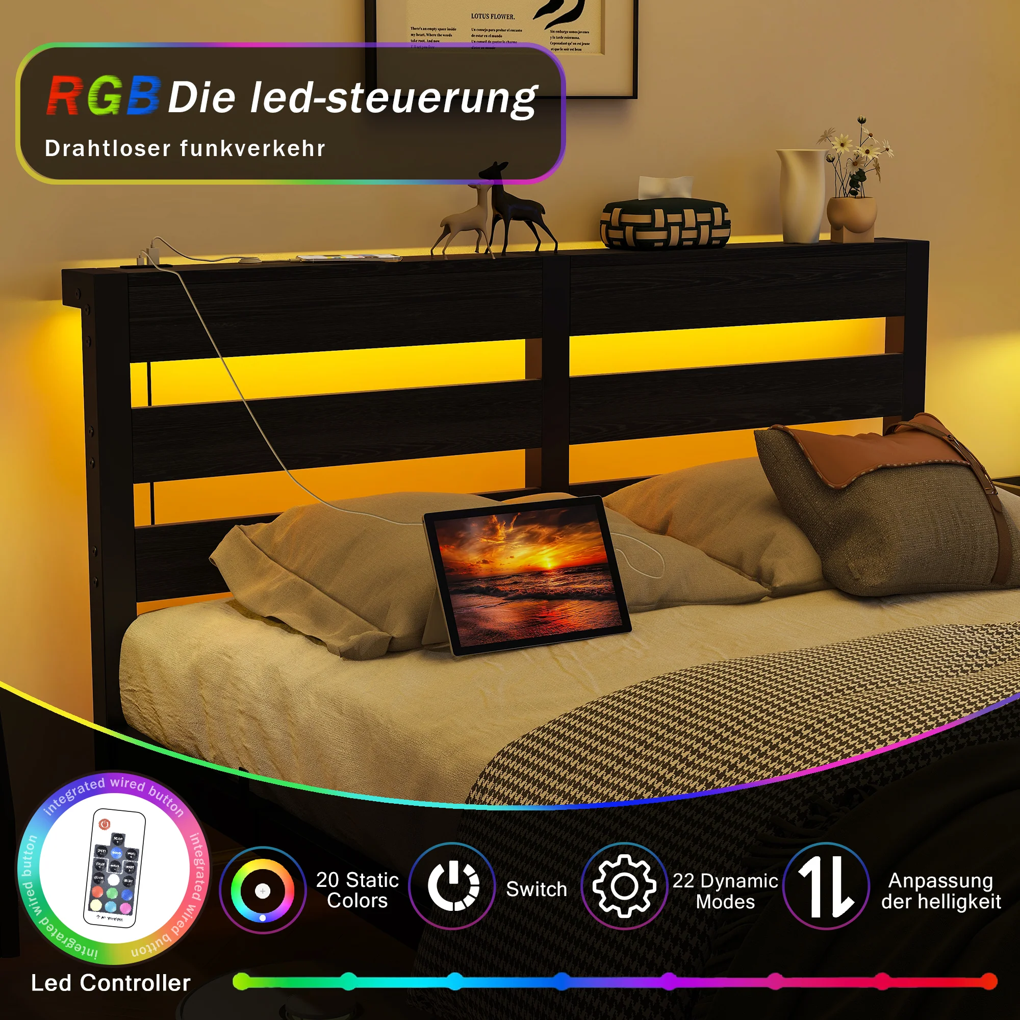 Metal Bed 120x200 LED USB Charging Under-Bed Storage - Metal - Image 5