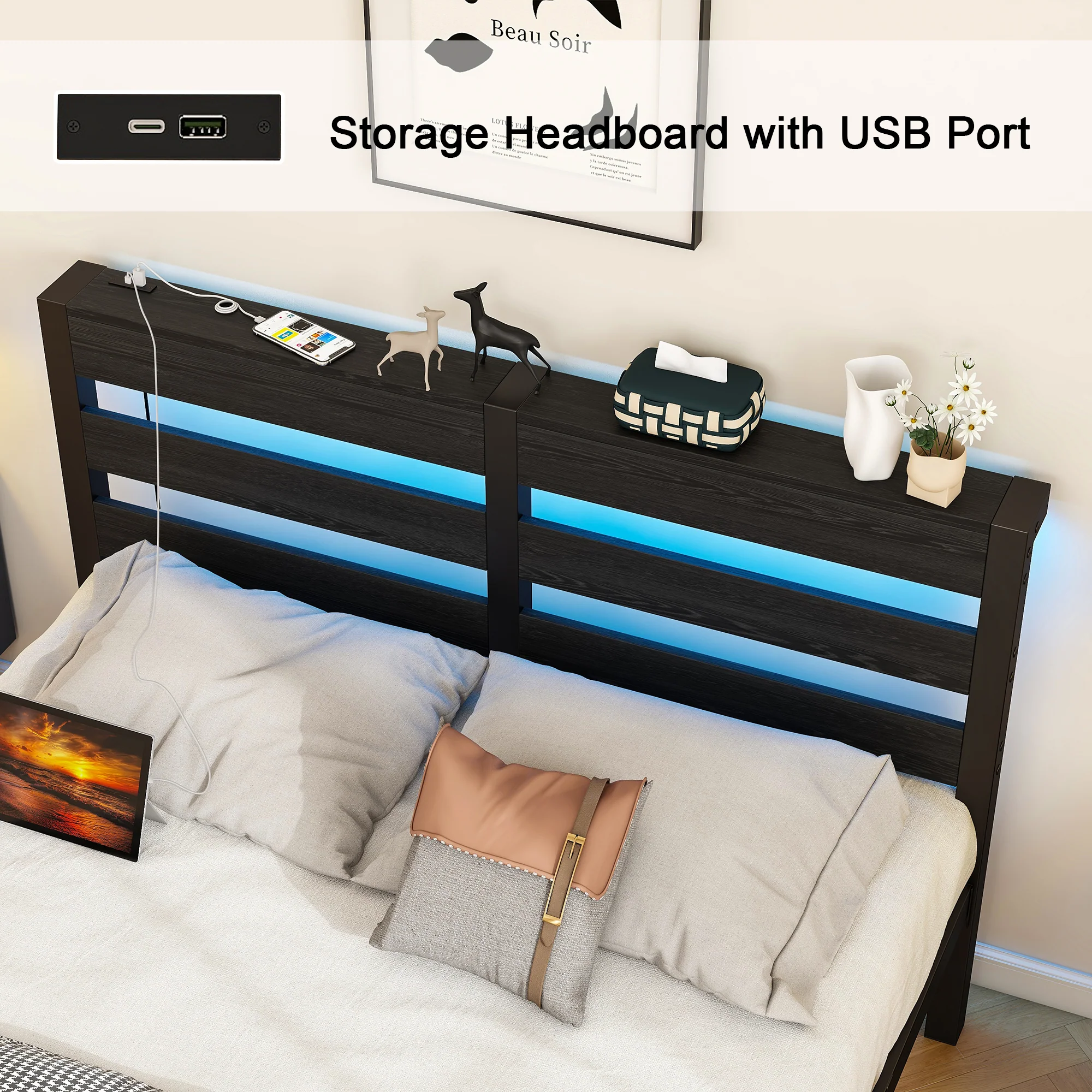 Metal Bed 120x200 LED USB Charging Under-Bed Storage - Metal - Image 6