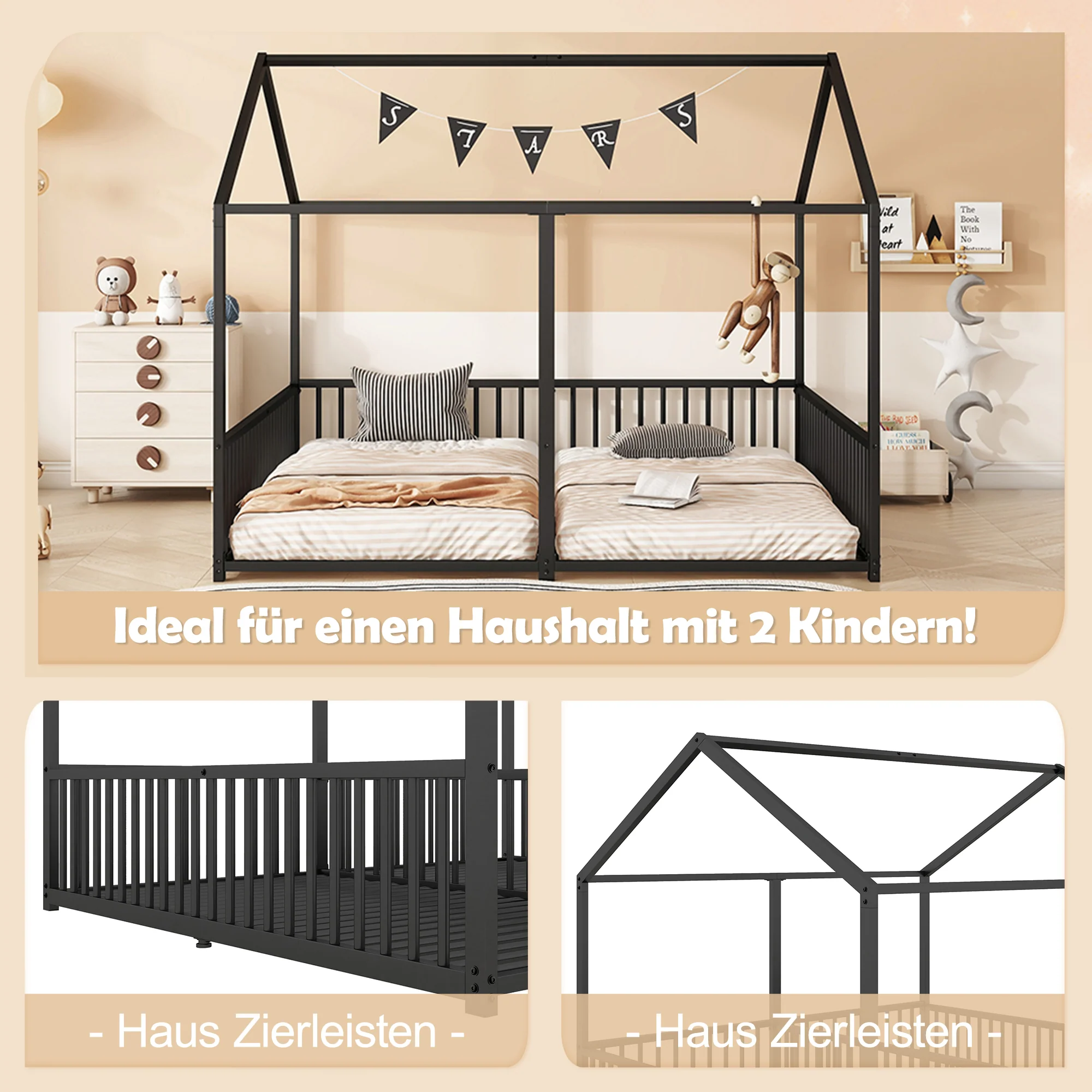Metal Bed 90x200cm House Design Ladder - Black Iron Frame - Image 2