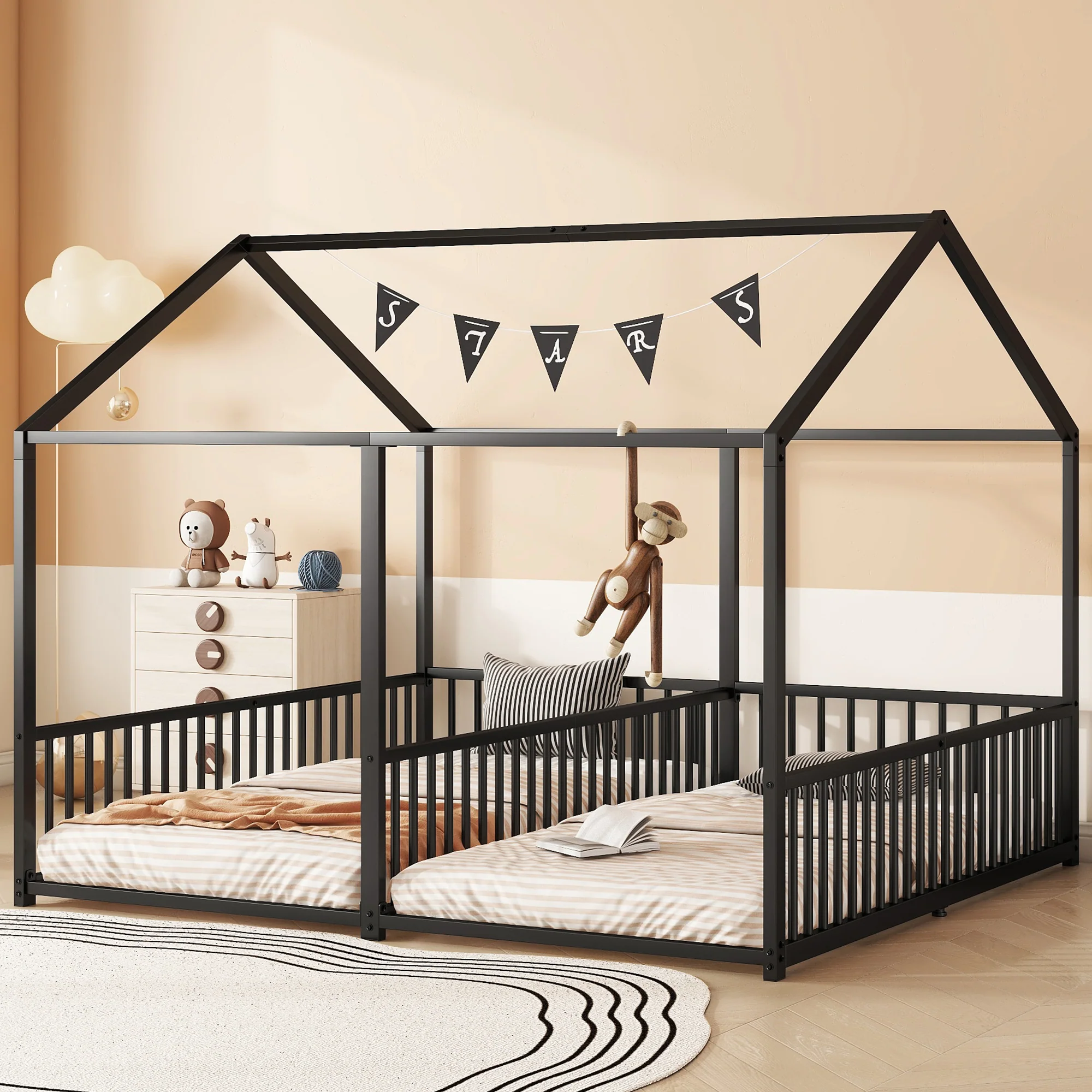 Metal Bed 90x200cm House Design Ladder - Black Iron Frame - Image 4