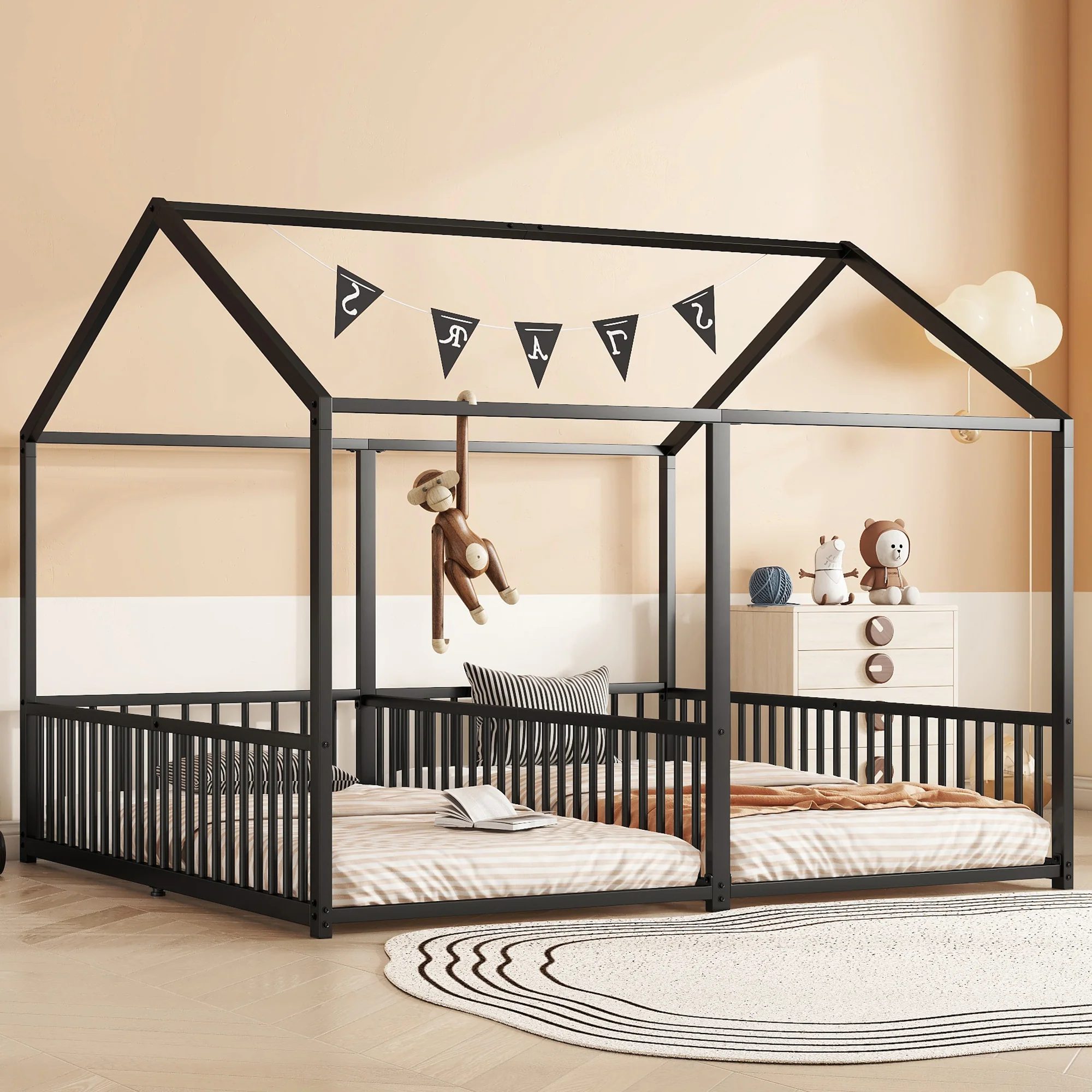 Metal Bed 90x200cm House Design Ladder - Black Iron Frame - Image 5