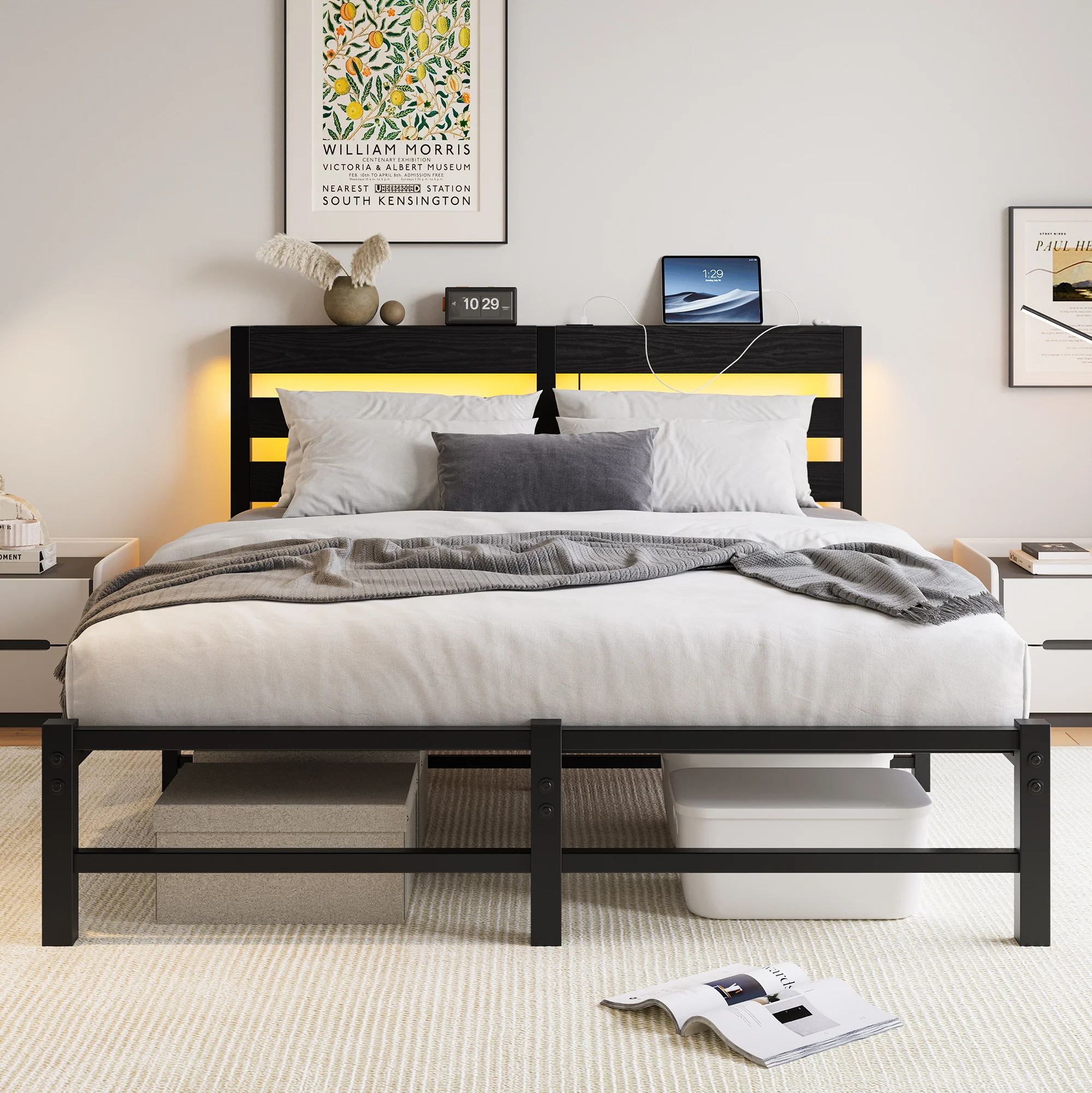 Metal Bed Frame 140x200 with LED Lights, USB Charging & Under-Bed Storage, Metal