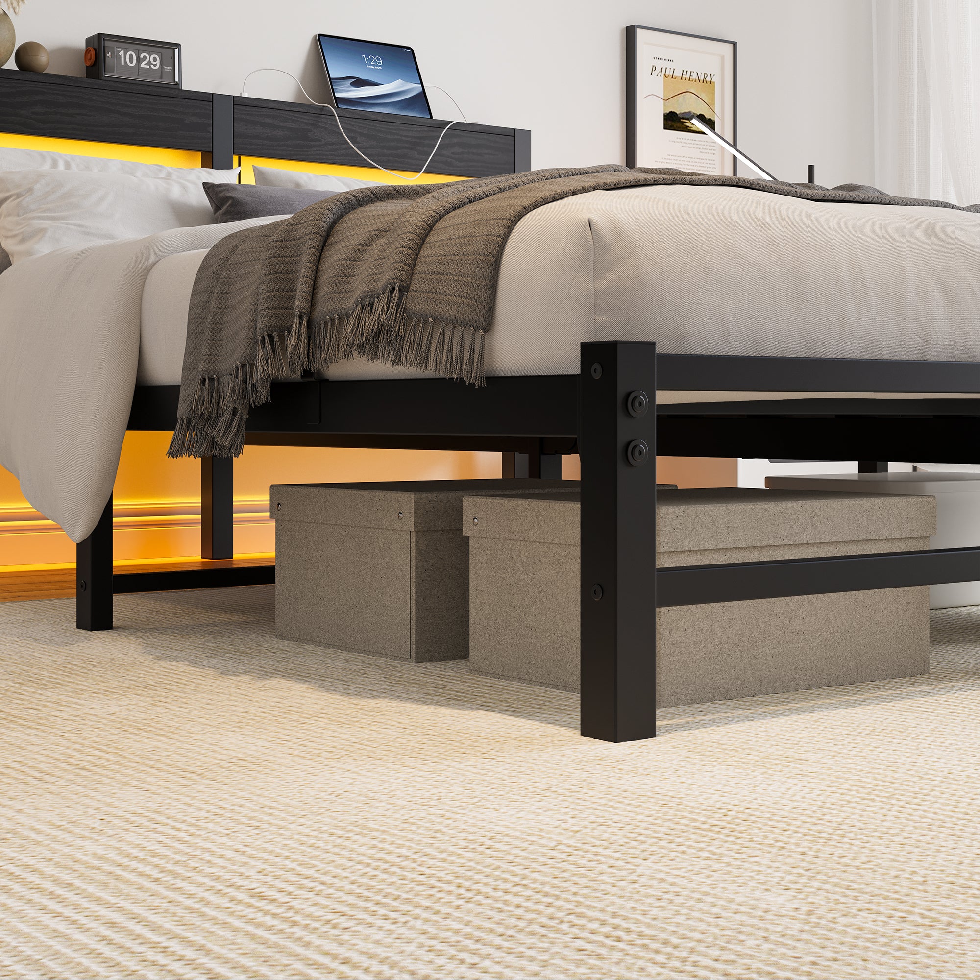 Metal Bed Frame 140x200 with LED Lights, USB Charging & Under-Bed Storage, Metal - Image 10