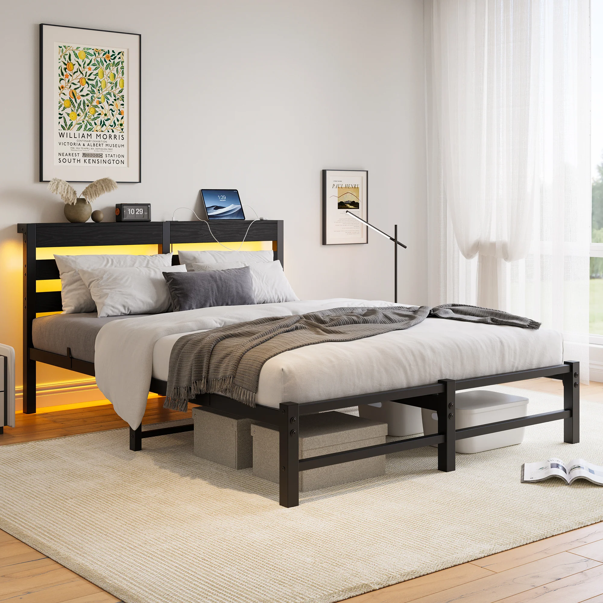 Metal Bed Frame 140x200 with LED Lights, USB Charging & Under-Bed Storage, Metal - Image 2