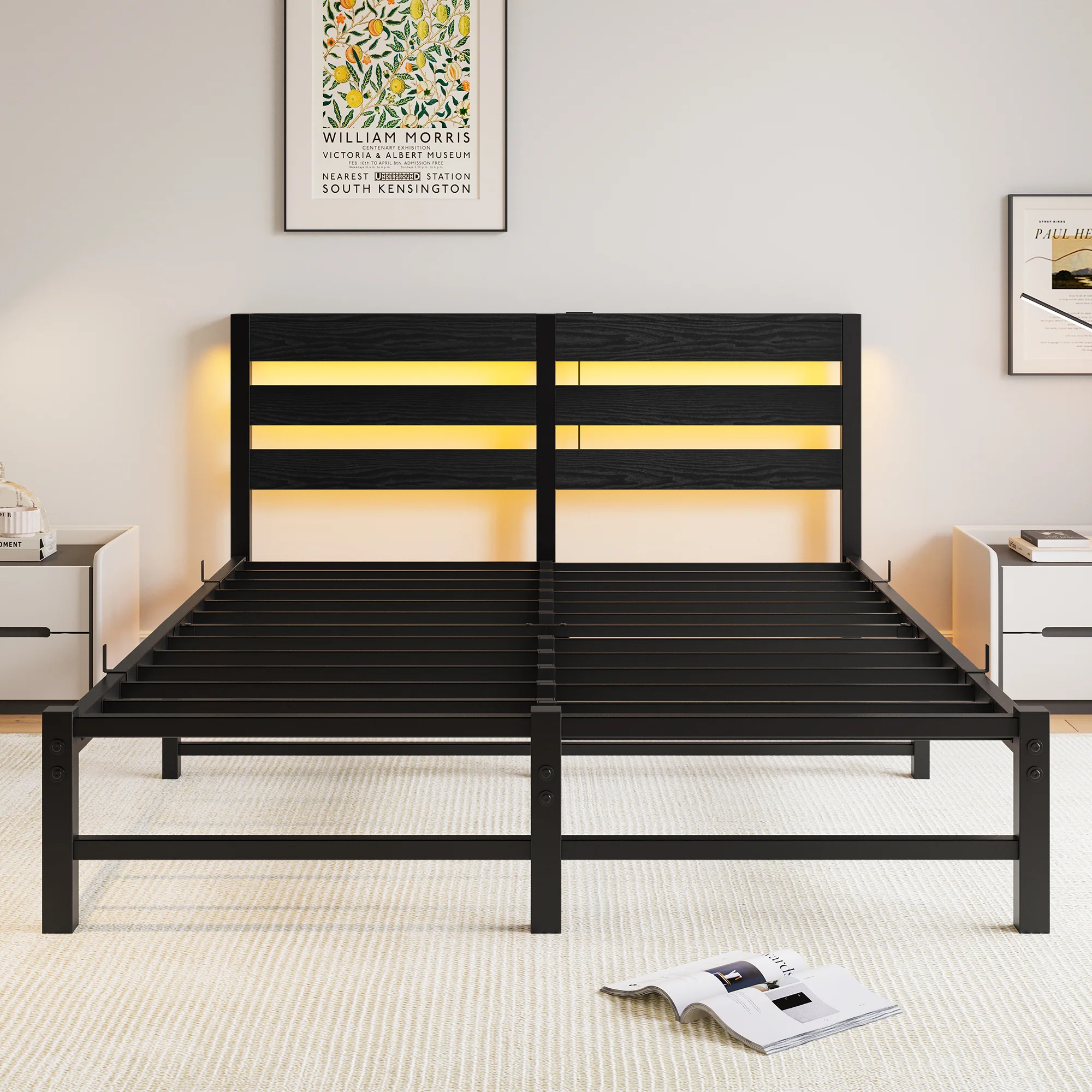 Metal Bed Frame 140x200 with LED Lights, USB Charging & Under-Bed Storage, Metal - Image 3