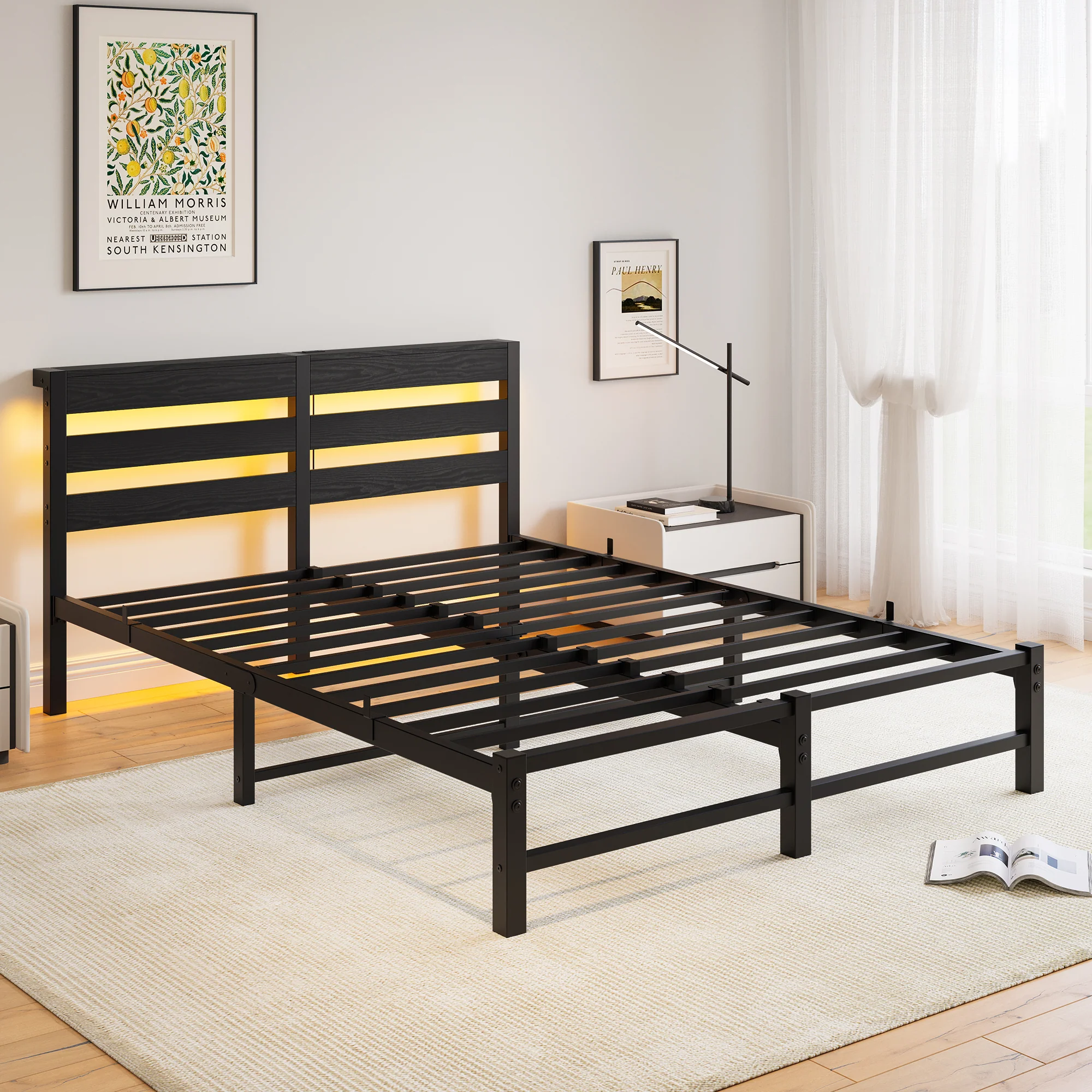 Metal Bed Frame 140x200 with LED Lights, USB Charging & Under-Bed Storage, Metal - Image 5