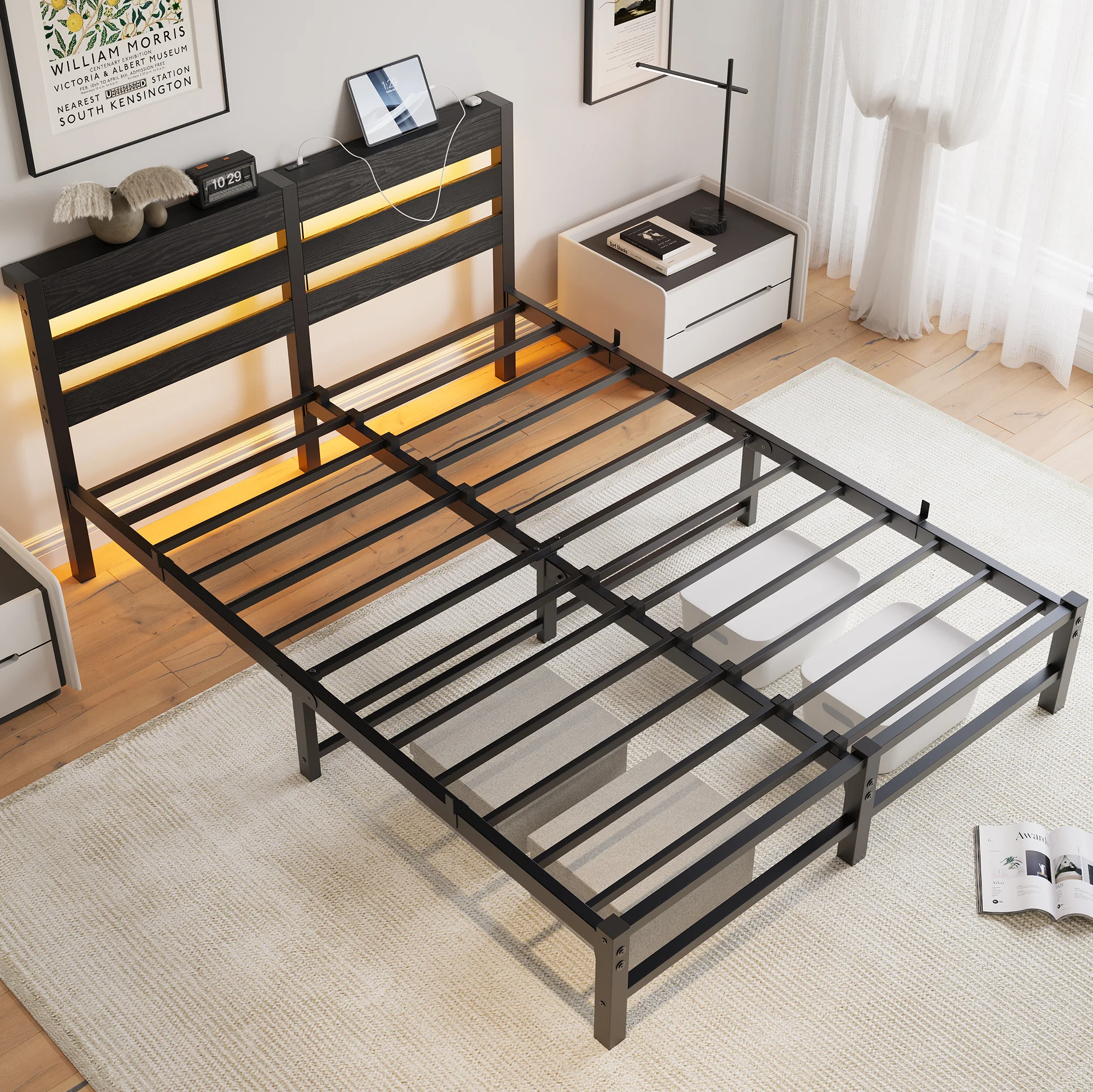 Metal Bed Frame 140x200 with LED Lights, USB Charging & Under-Bed Storage, Metal - Image 6