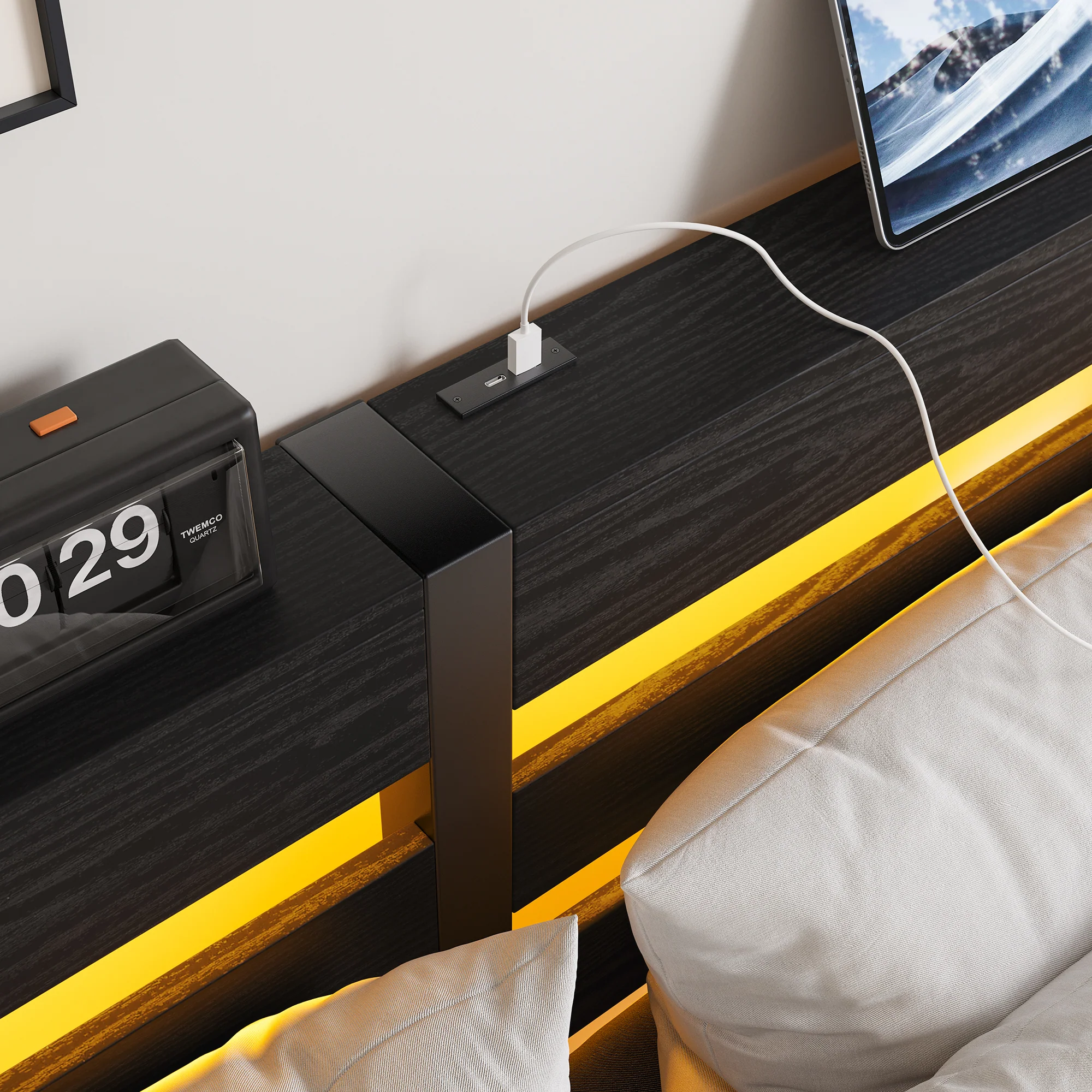 Metal Bed Frame 140x200 with LED Lights, USB Charging & Under-Bed Storage, Metal - Image 7