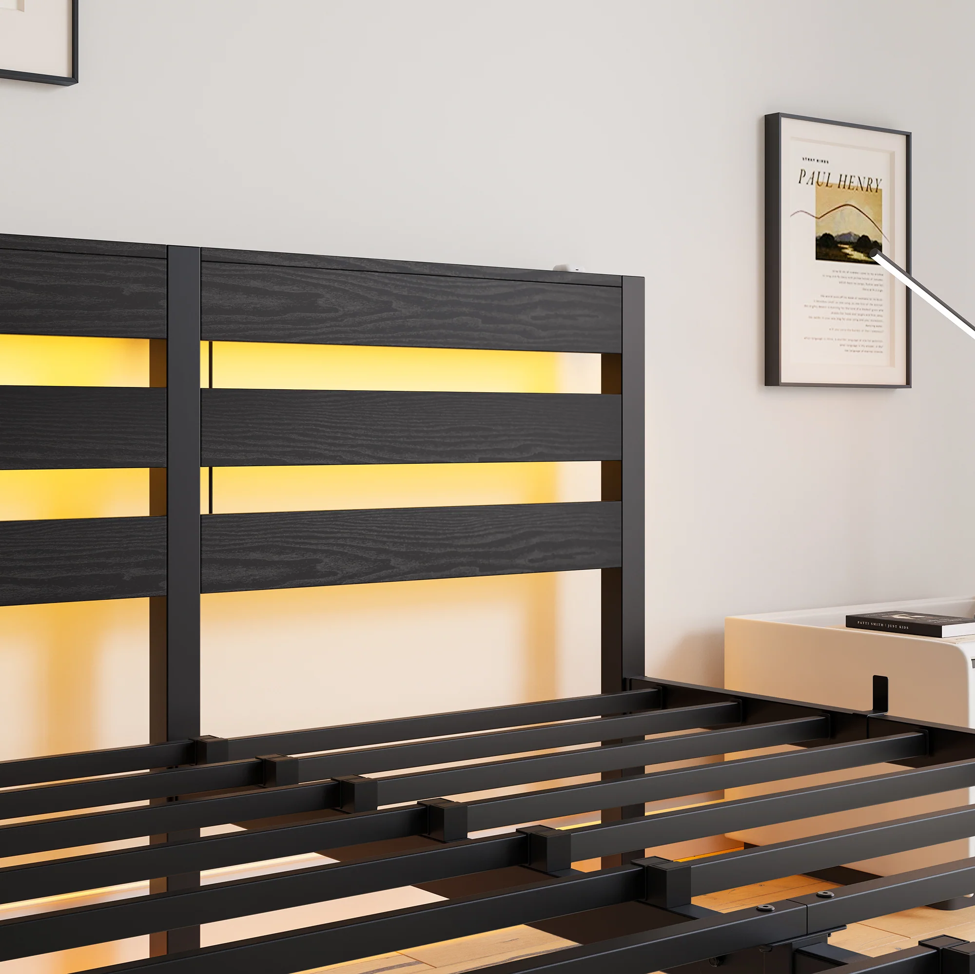 Metal Bed Frame 140x200 with LED Lights, USB Charging & Under-Bed Storage, Metal - Image 9