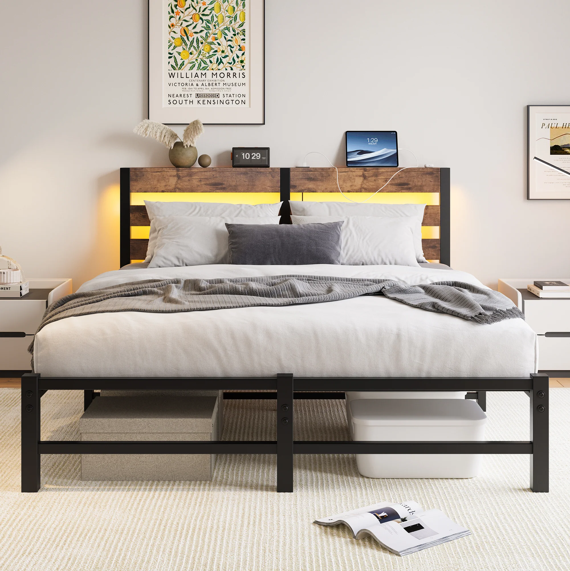Metal Bed Frame 140x200cm, LED Lighting USB Charging Station Under-Bed Storage, Metal