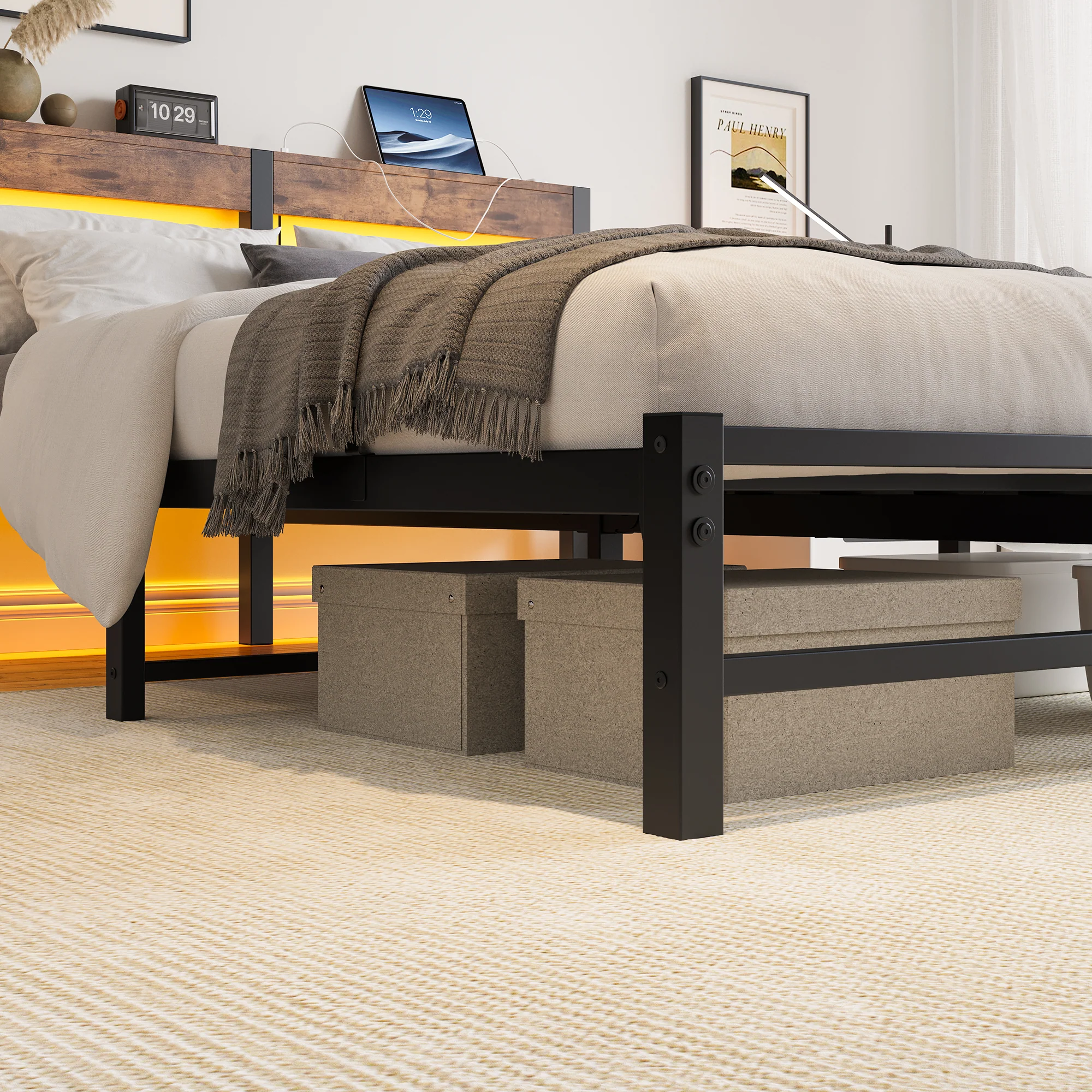 Metal Bed Frame 140x200cm, LED Lighting USB Charging Station Under-Bed Storage, Metal - Image 10
