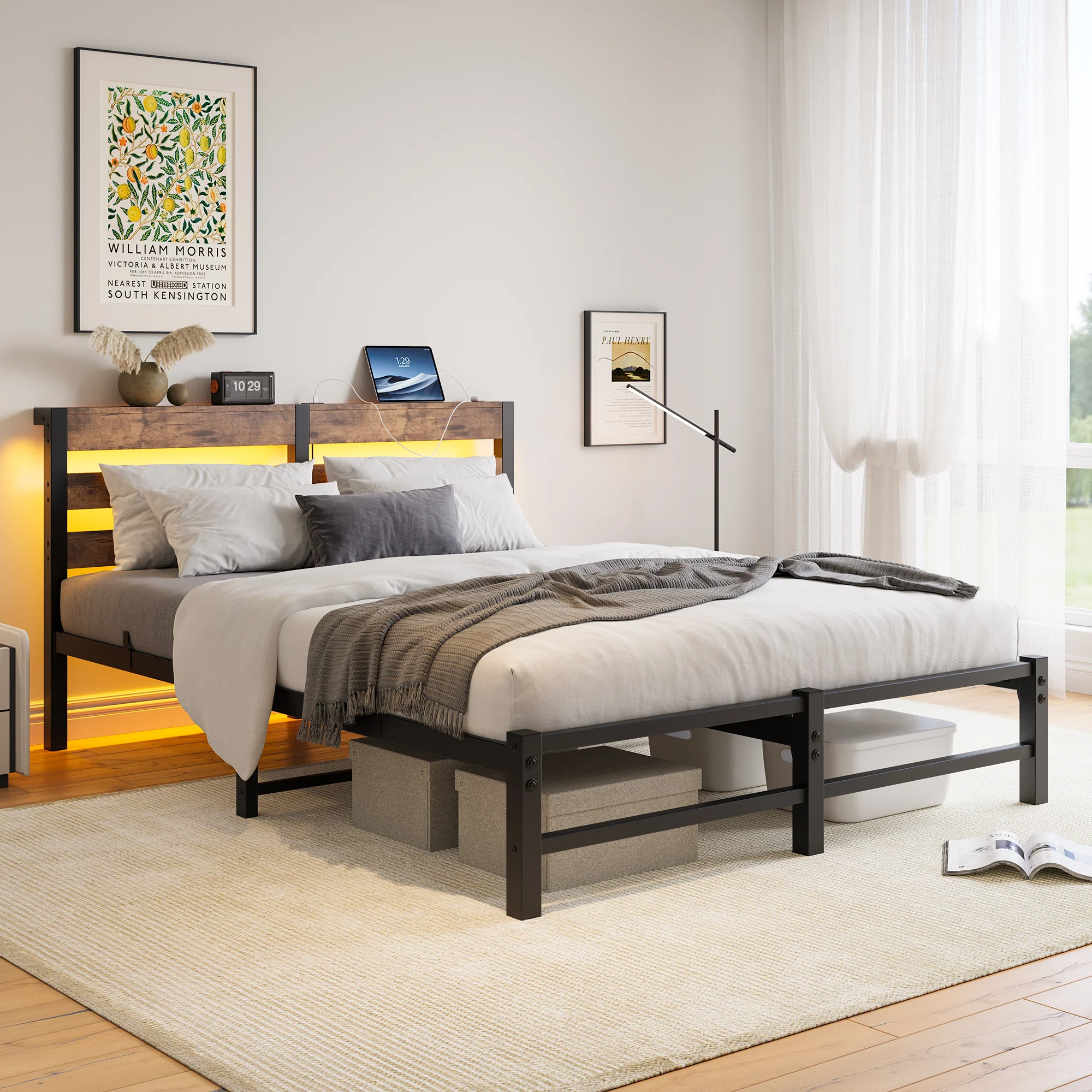 Metal Bed Frame 140x200cm, LED Lighting USB Charging Station Under-Bed Storage, Metal - Image 2