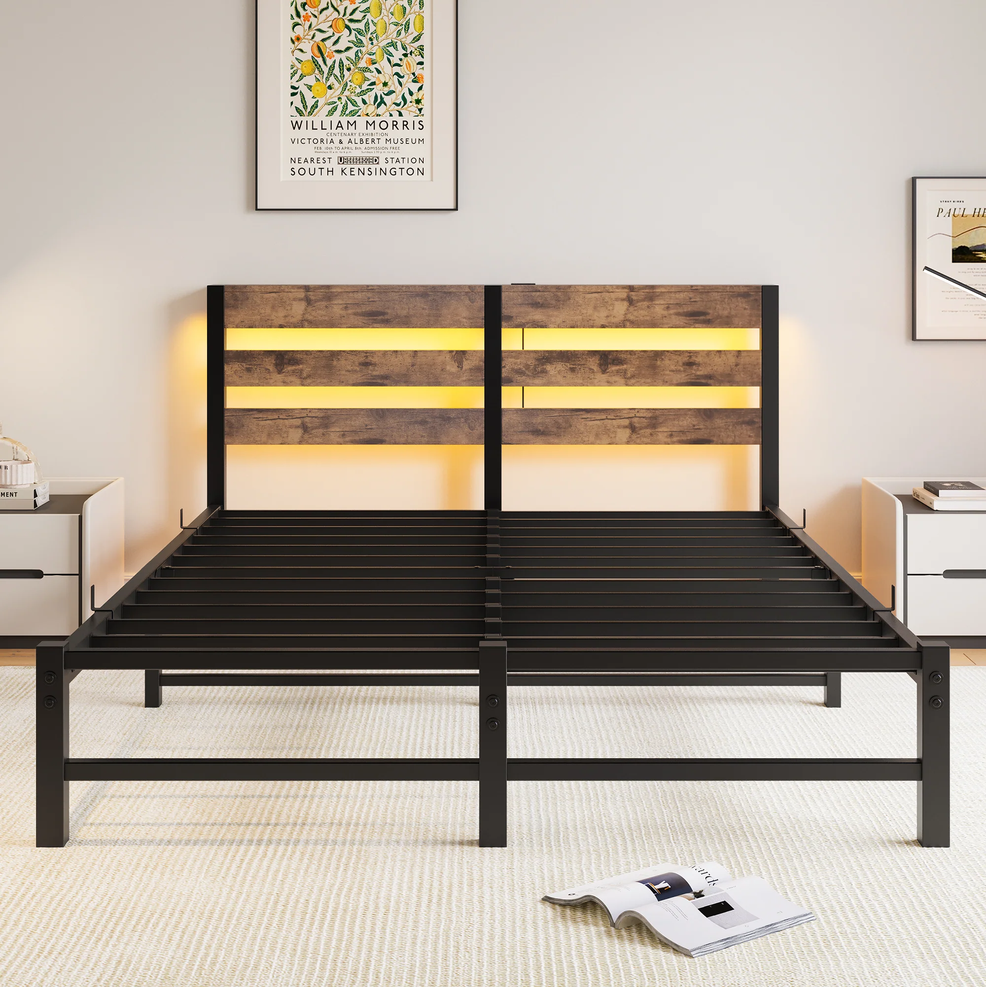 Metal Bed Frame 140x200cm, LED Lighting USB Charging Station Under-Bed Storage, Metal - Image 3