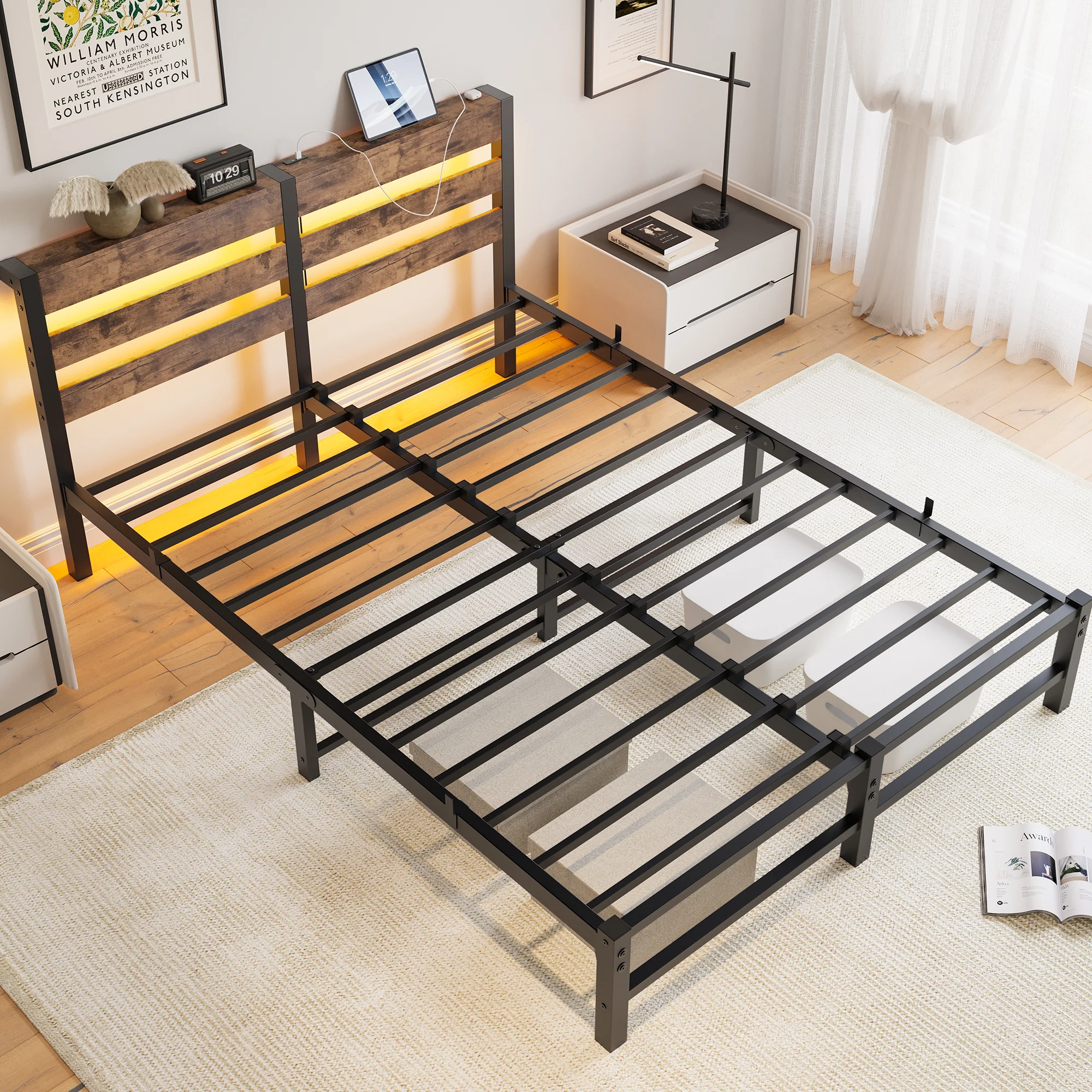 Metal Bed Frame 140x200cm, LED Lighting USB Charging Station Under-Bed Storage, Metal - Image 4