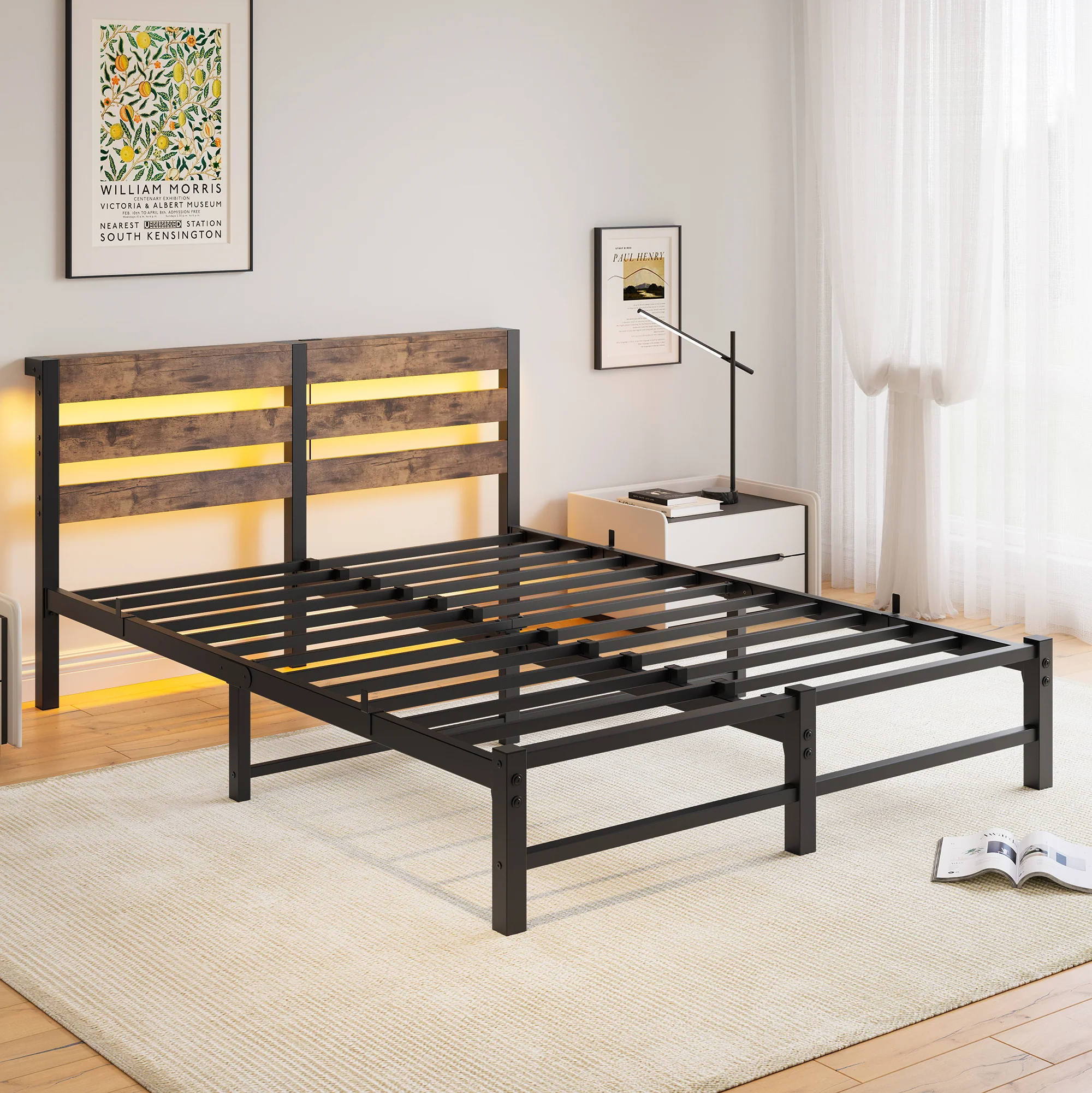 Metal Bed Frame 140x200cm, LED Lighting USB Charging Station Under-Bed Storage, Metal - Image 5