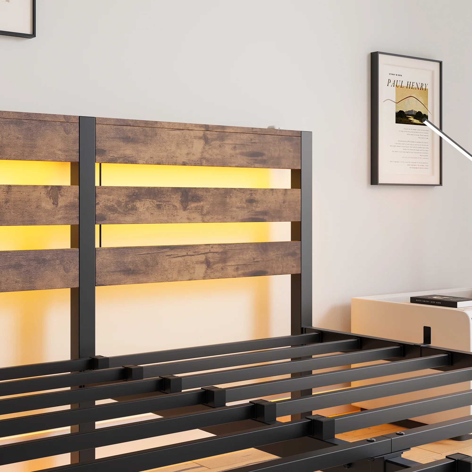 Metal Bed Frame 140x200cm, LED Lighting USB Charging Station Under-Bed Storage, Metal - Image 6