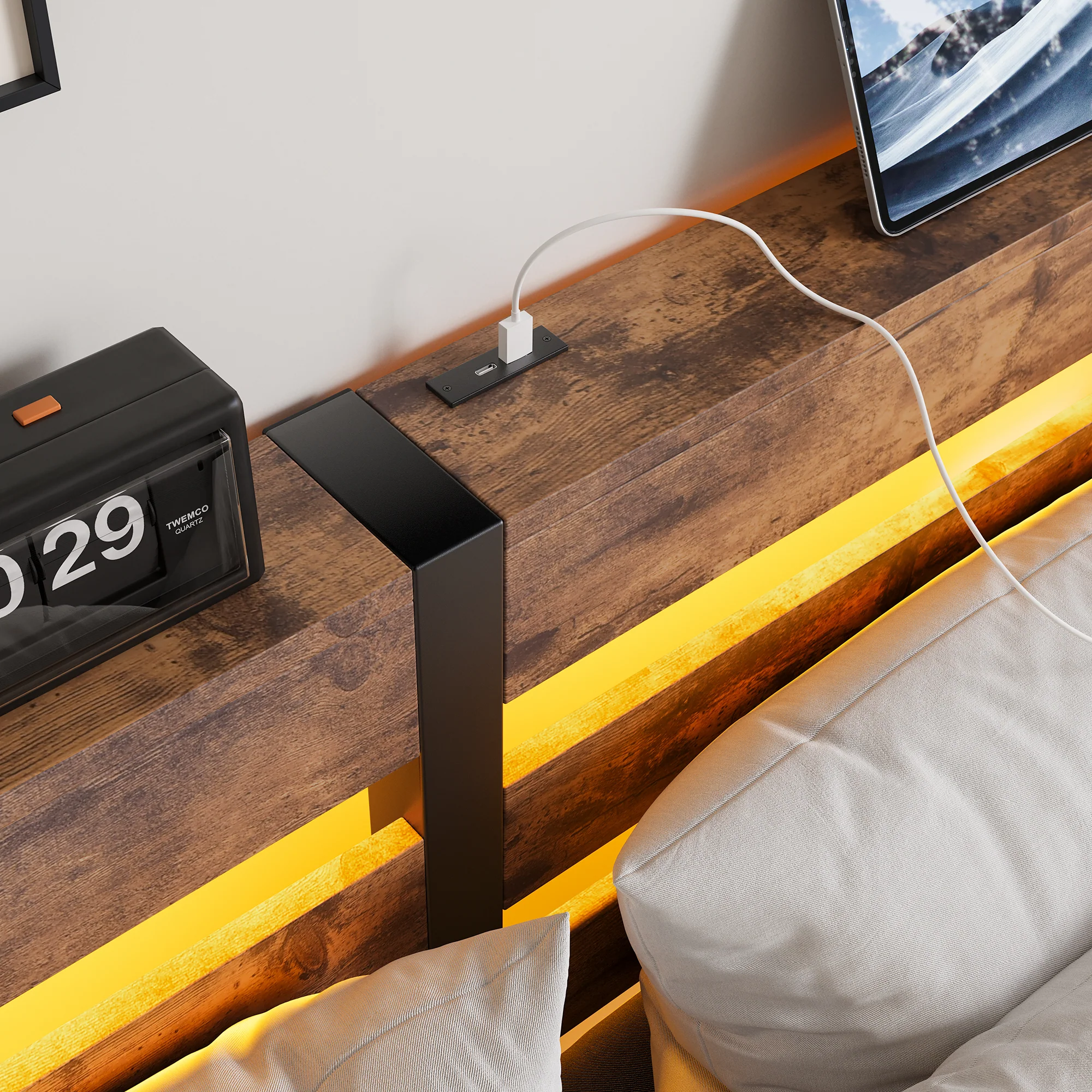 Metal Bed Frame 140x200cm, LED Lighting USB Charging Station Under-Bed Storage, Metal - Image 7