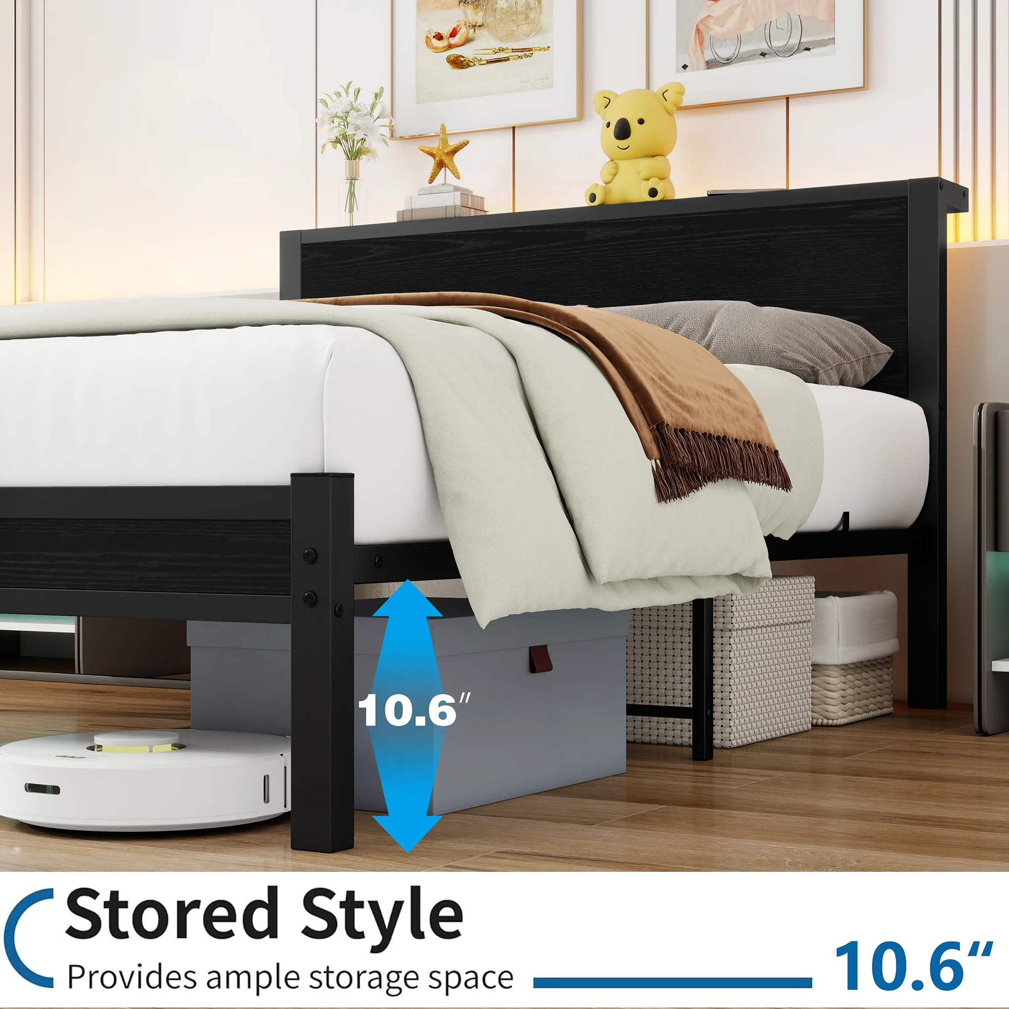 Metal Bed Frame 140x200cm Storage Headboard Noiseless - Black - Image 5
