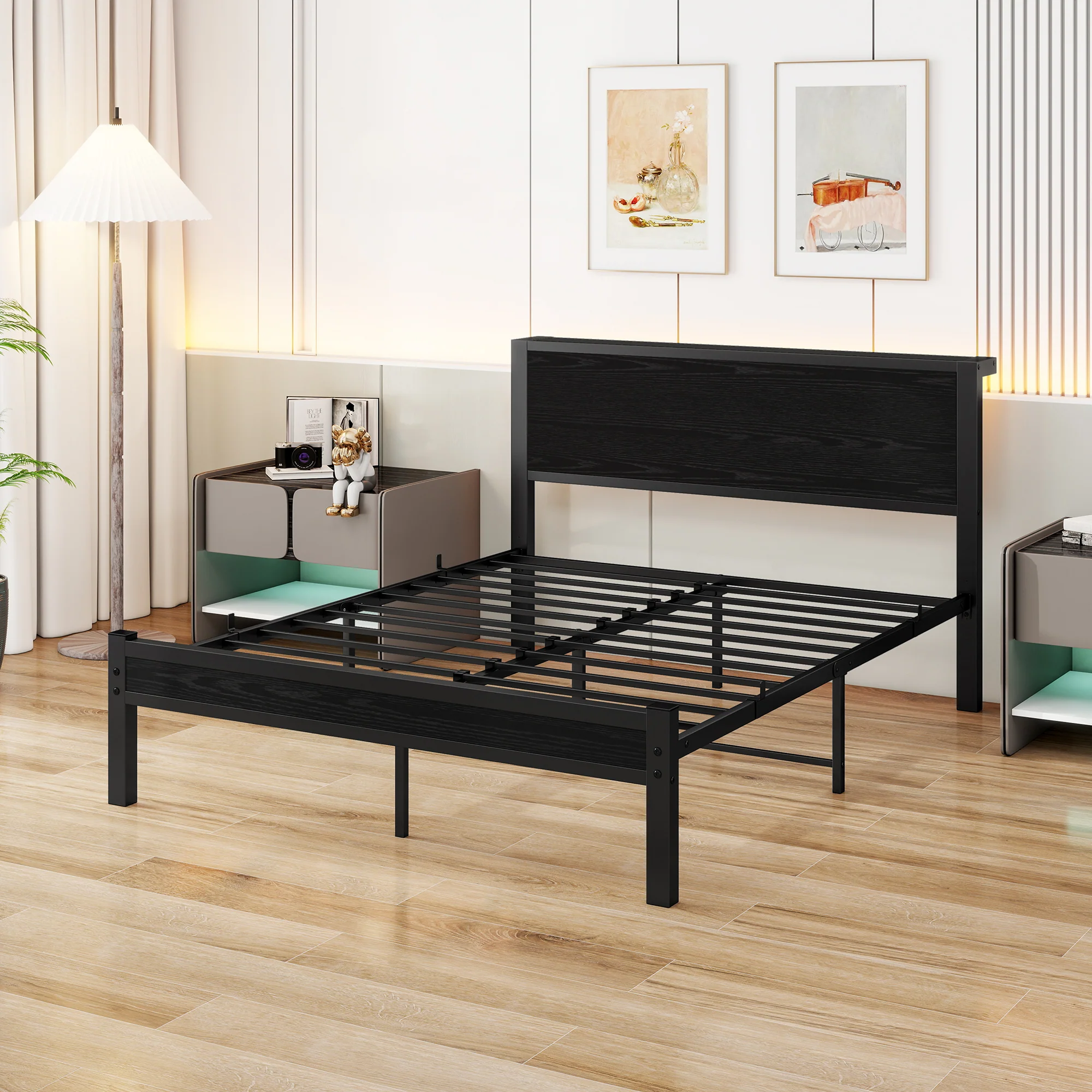 Metal Bed Frame 140x200cm Storage Headboard Noiseless - Black - Image 7