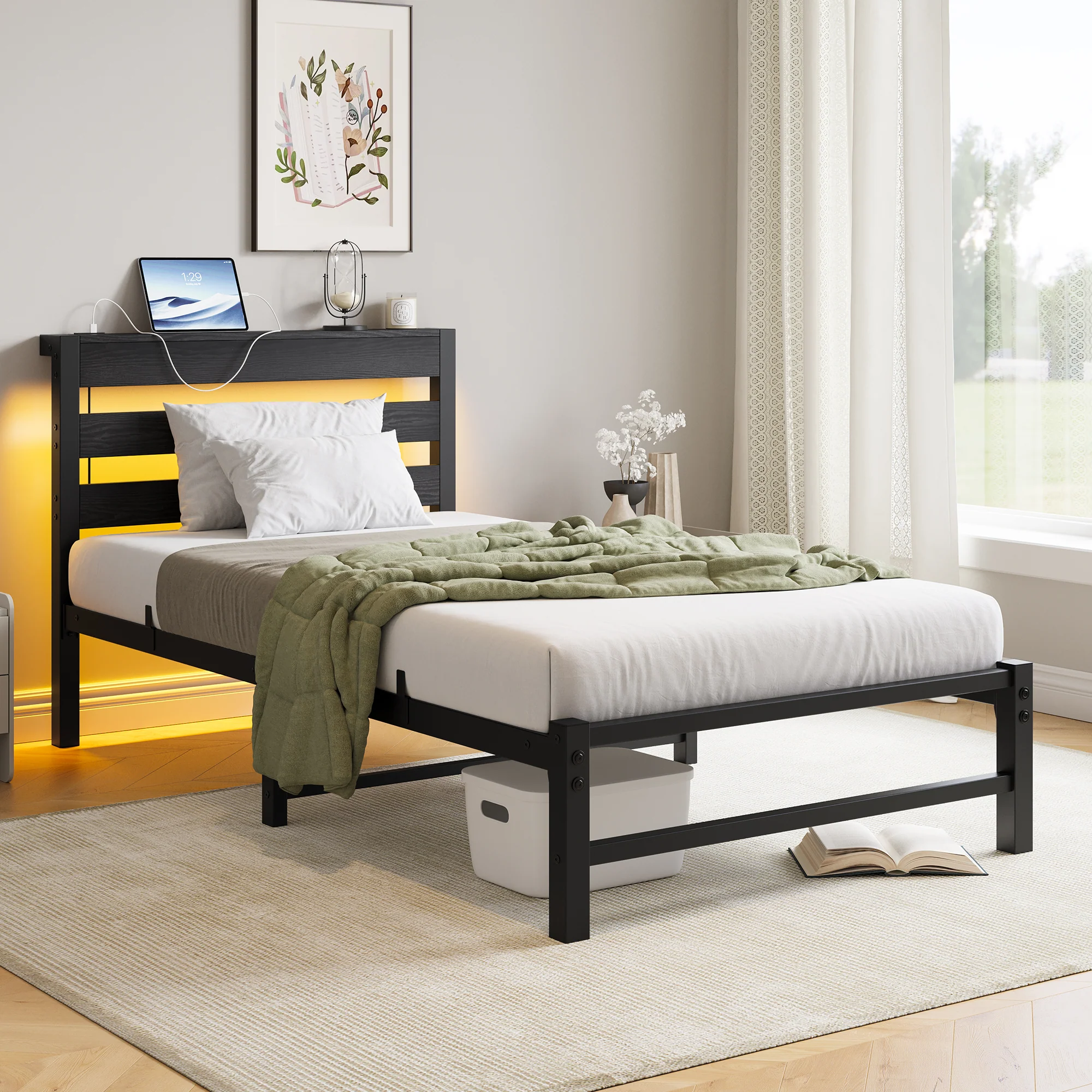 Metal Bed Frame 90x200 with LED Light USB Charging & Under-Bed Storage - Image 2